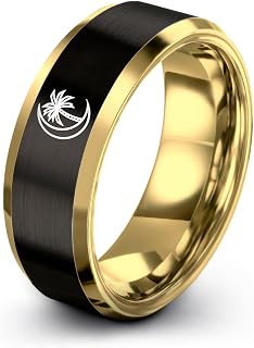 Charleston Palm Tree Moon Ring - Gift for Beach Fan - Personalized Custom Engraving - Yellow Gold Black Silver Blue - Tungsten - Men Women - Flat Dome Bevel - 8mm - Brushed Polished - Band - Anniversa
