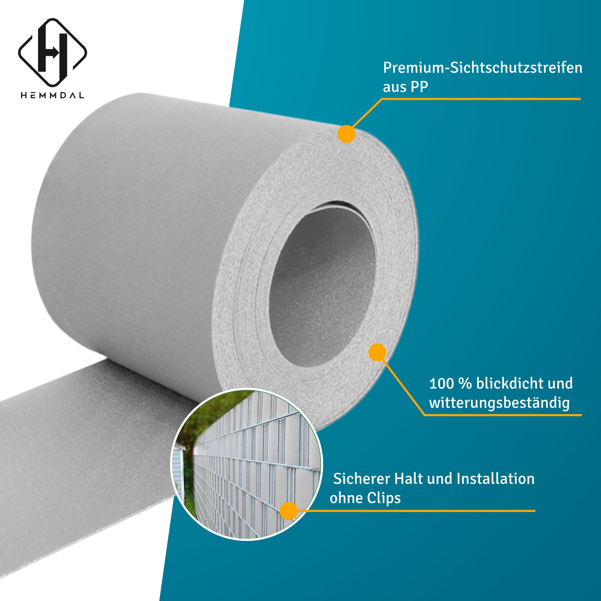 HEMMDAL Premium Sichtschutzstreifen | 35 m Zaunfolie | 1,1 mm Stärke | Montage ohne Hilfsmittel | hochwertiges Polypropylen | formstabil | wasserfest | 5 Jahre UV-beständig | Hellgrau | Made in EU