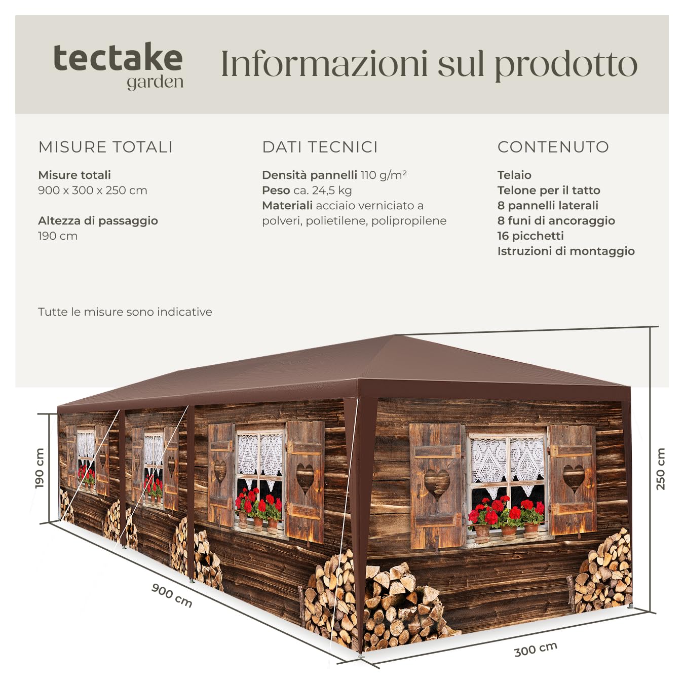 tectake® Gazebo Esterno Resistente 3x9 m, 8 Pannelli Laterali Rimovibili, Impermeabile, Struttura in Acciaio, Copertura UV, Tendone per Feste, Matrimoni, Campeggio, Gazebi Terrazzo Esterno - Rustico