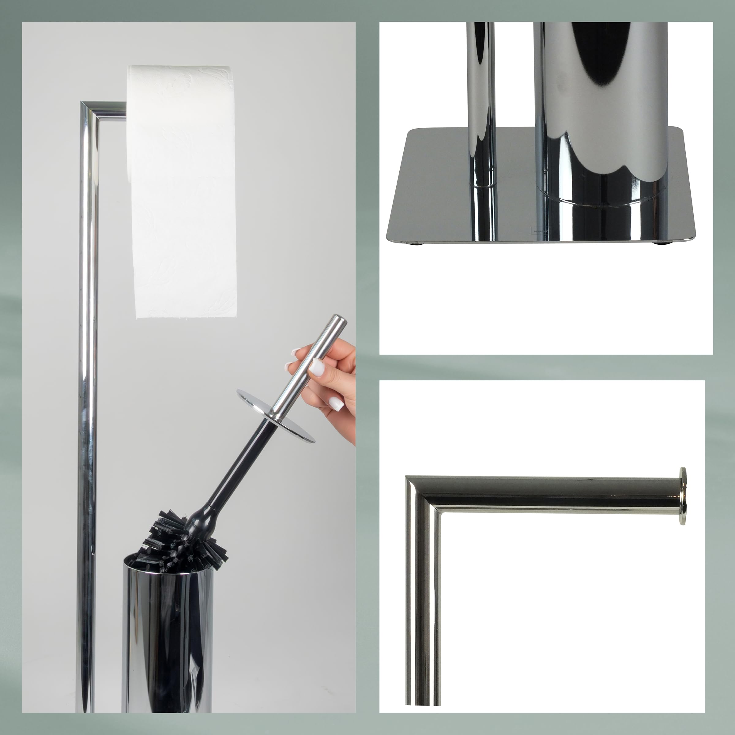 kela Juego de WC con portarrollos y escobillero de 71 cm, escobilla de baño con soporte cerrado STYLE, metal brillante.