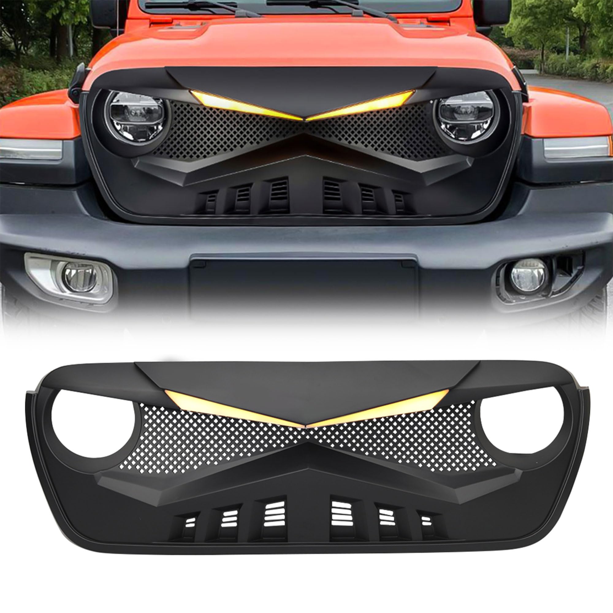 AM AMERICAN MODIFIED Aggressive Hawke Grille with DRL Turn Signal Light Compatible with 2018 to 2023 Jeep Wrangler JL and Gladiator JT, Matte Black