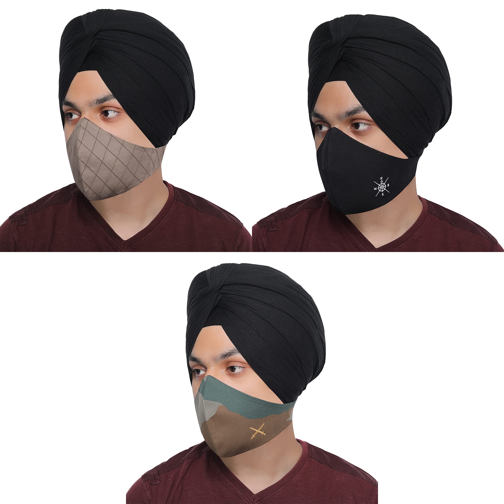 MASQScarf 3 Layer, Reusable, Size Adjustable Cotton Cloth Face Mask Combo for Sikhs, Men (X-Large, Black-Beige-Multicolor, Without Valve)