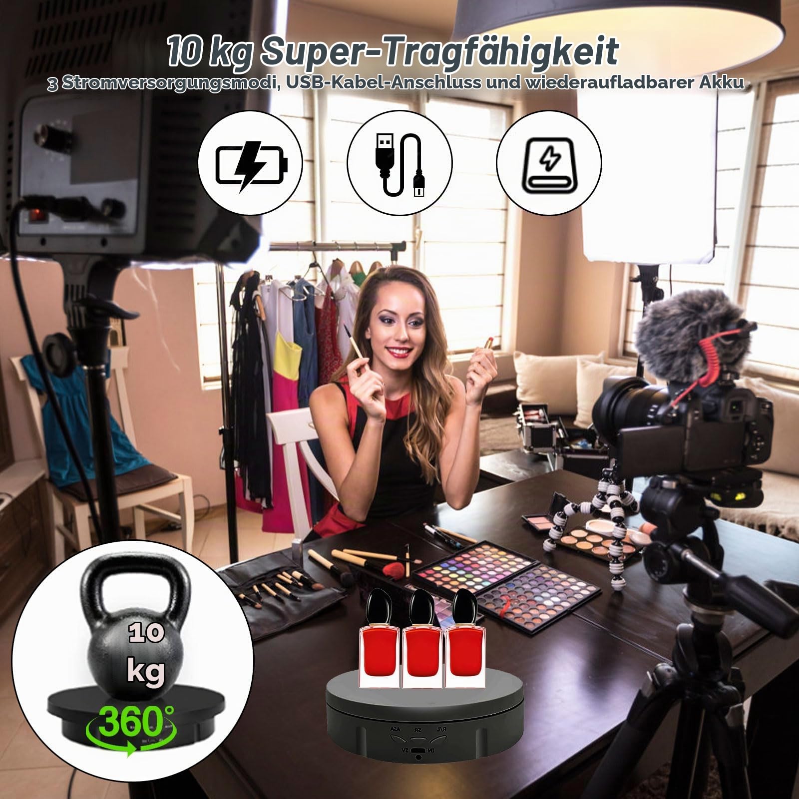 GAESHOW 3 in 1 Drehteller Elektrisch, Wiederaufladbar Drehteller Elektrische Drehscheibe, 360° Drehbarer Display Ständer Drehteller für Fotografie Produkte, Display, Schmuck, Uhr, 3D-Modelle (Schwarz)