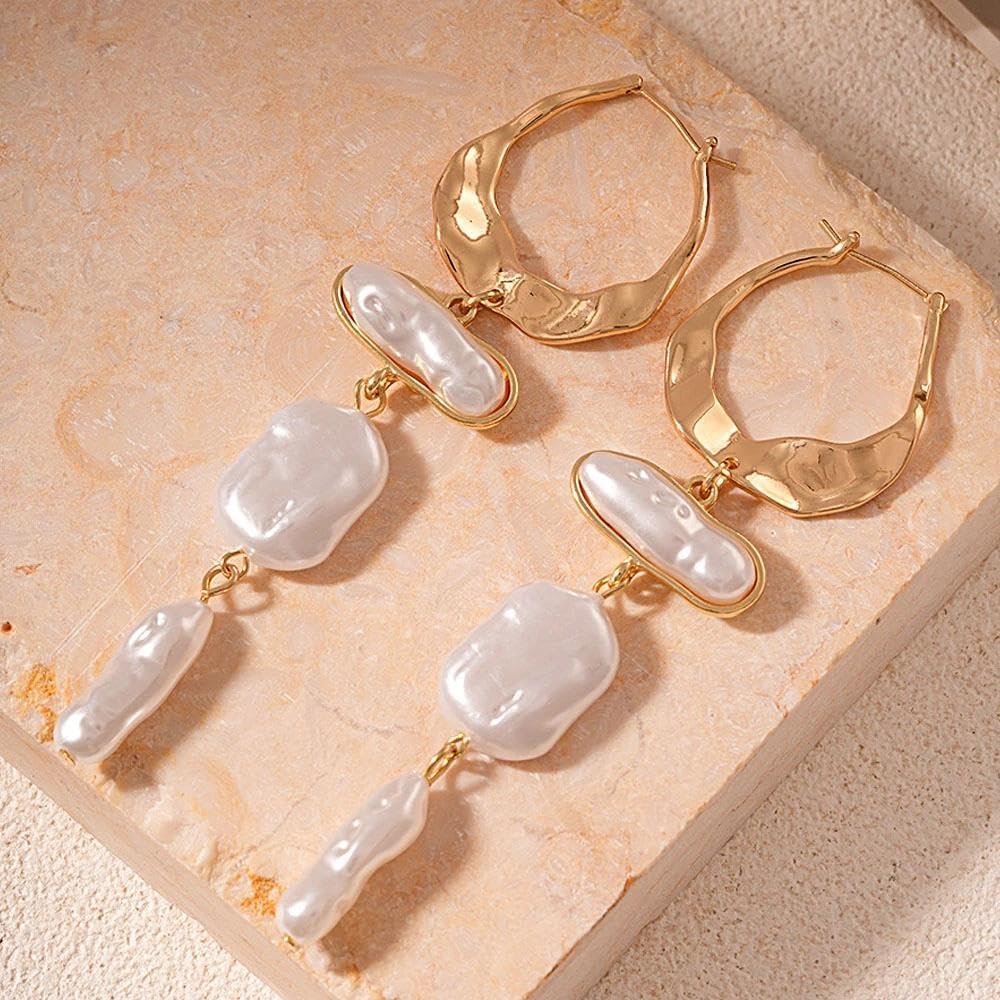 Vintage Pearl Tassel Hoop Earrings for Women,Geometric Oval Baroque Pearl Statement Dangle Earrings,Charming Party Banquet Jewelry Accessories - Image 6