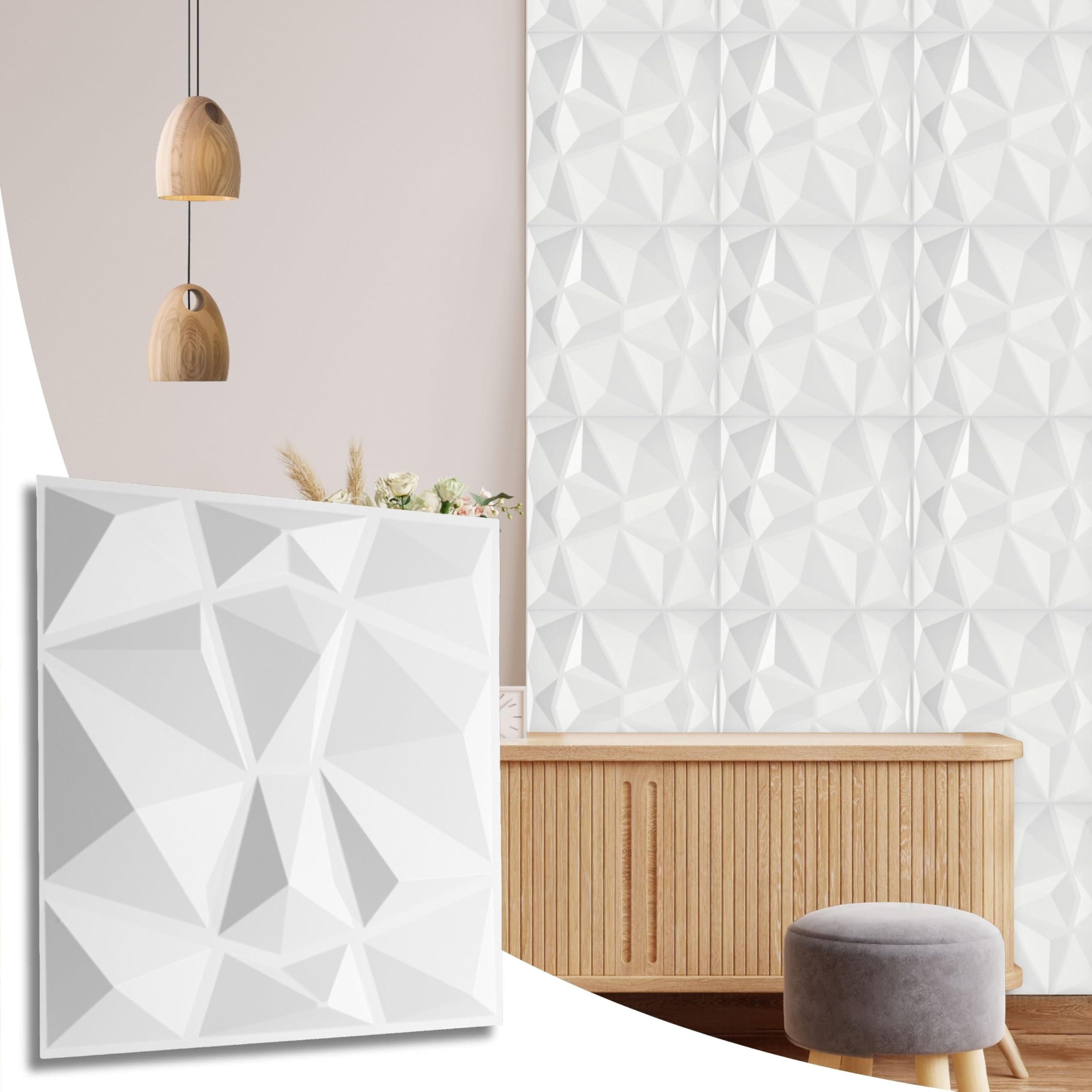 (Matte White, Set Of 6) 3D Wall Panels (50X50cm) Decorative Diamond Design 5061027350993