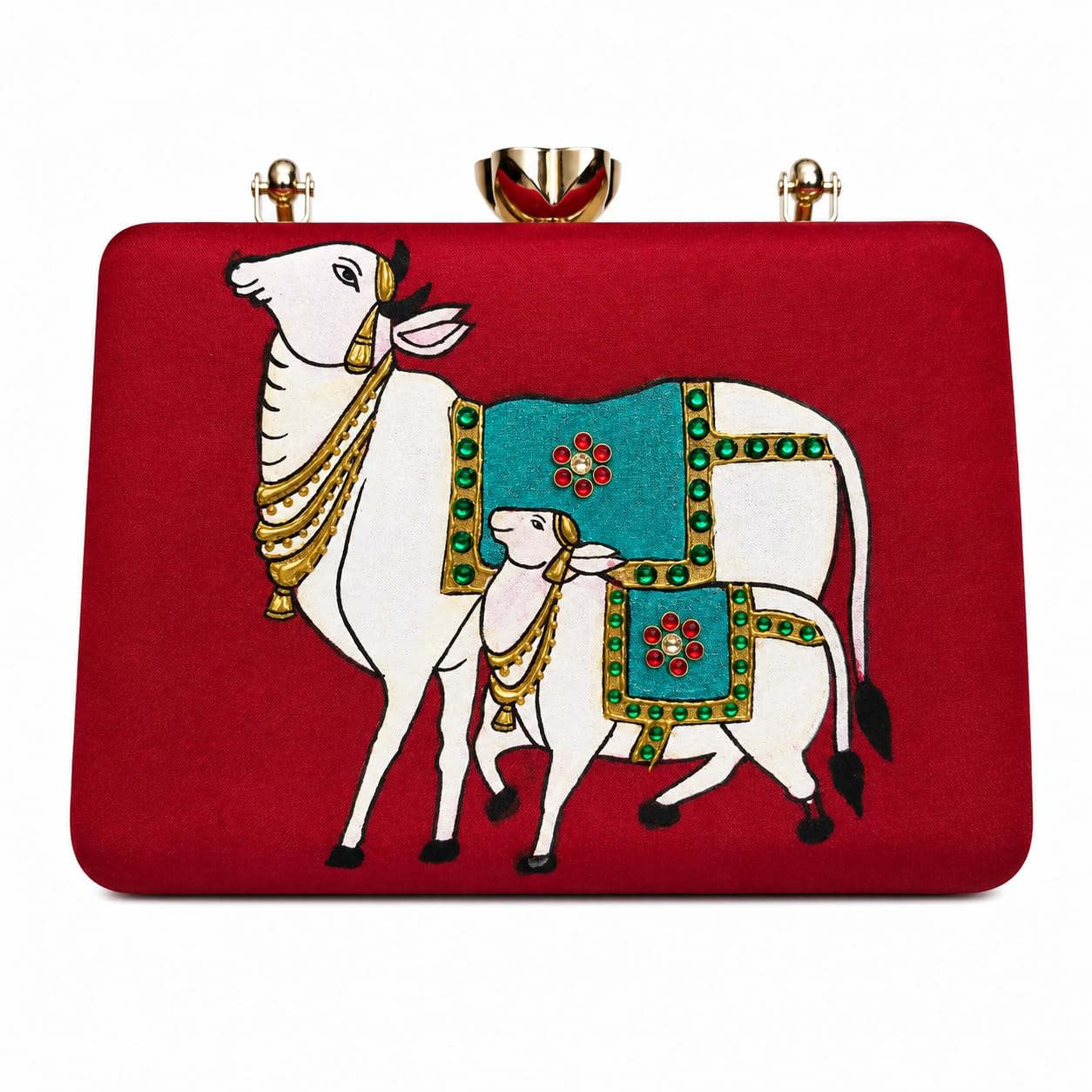 Red Silk Clutch Bag with Hand-Painted Pichwai Cow Art-picture-18