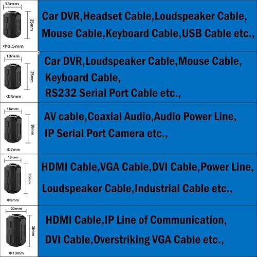 Miniatura 3 de 60 piezas de clip de núcleo de anillo de ferrita RFI EMI supresor de ruido clip para cable de alimentación de 0.118 in0.197 in 0.276 in 0.354 in