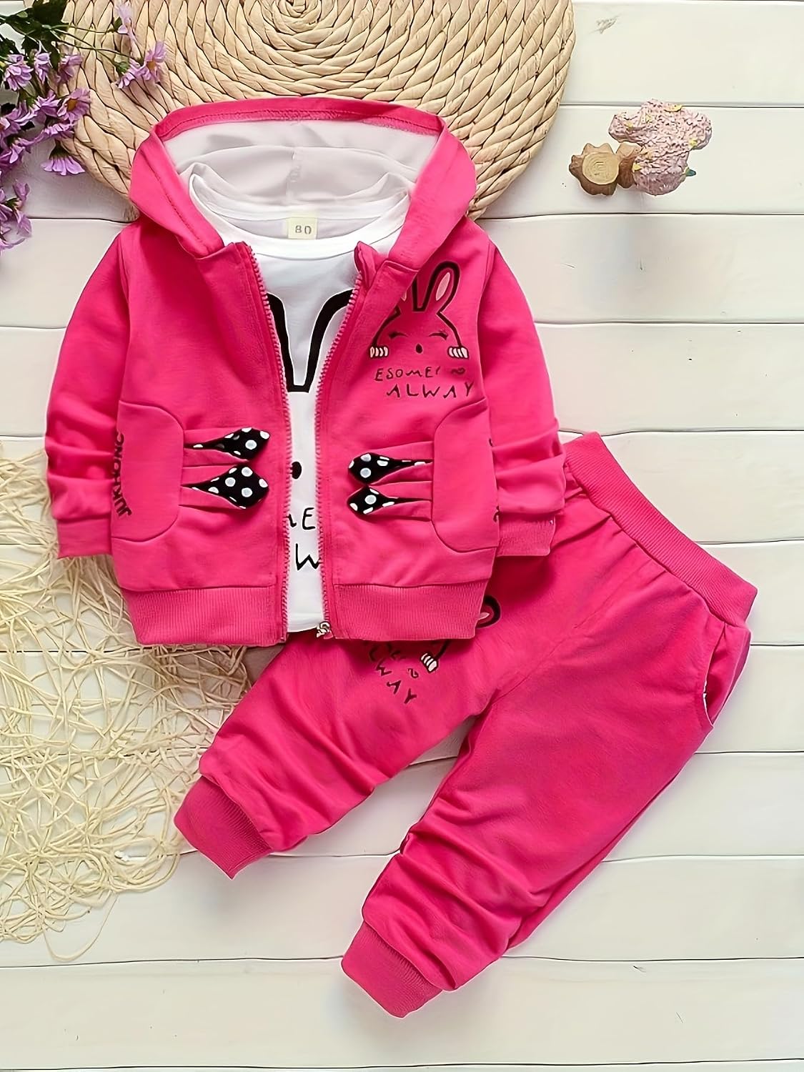 Spring Autumn Girls' Clothing Little Rabbit Hoodie+Long Sleeve T-shirt+Long Pants Female Baby Casual 3-Piece Set (Rose red, 2-3Y)