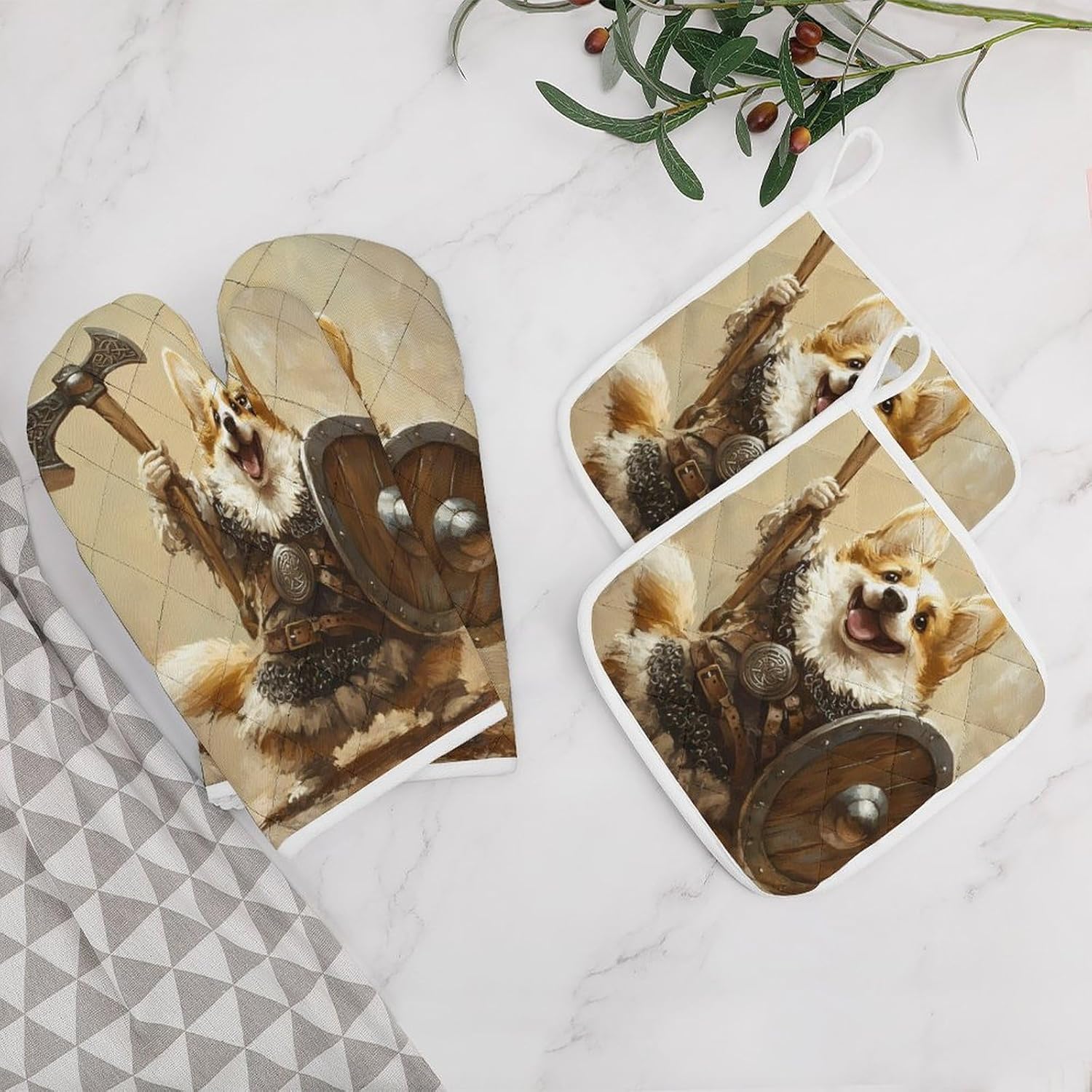 Corgi Dog Ancient Warrior Soldier Oven Mitts and Pot Holders 4Pcs Set Heat Resistant Cooking Mitts Hot Pads