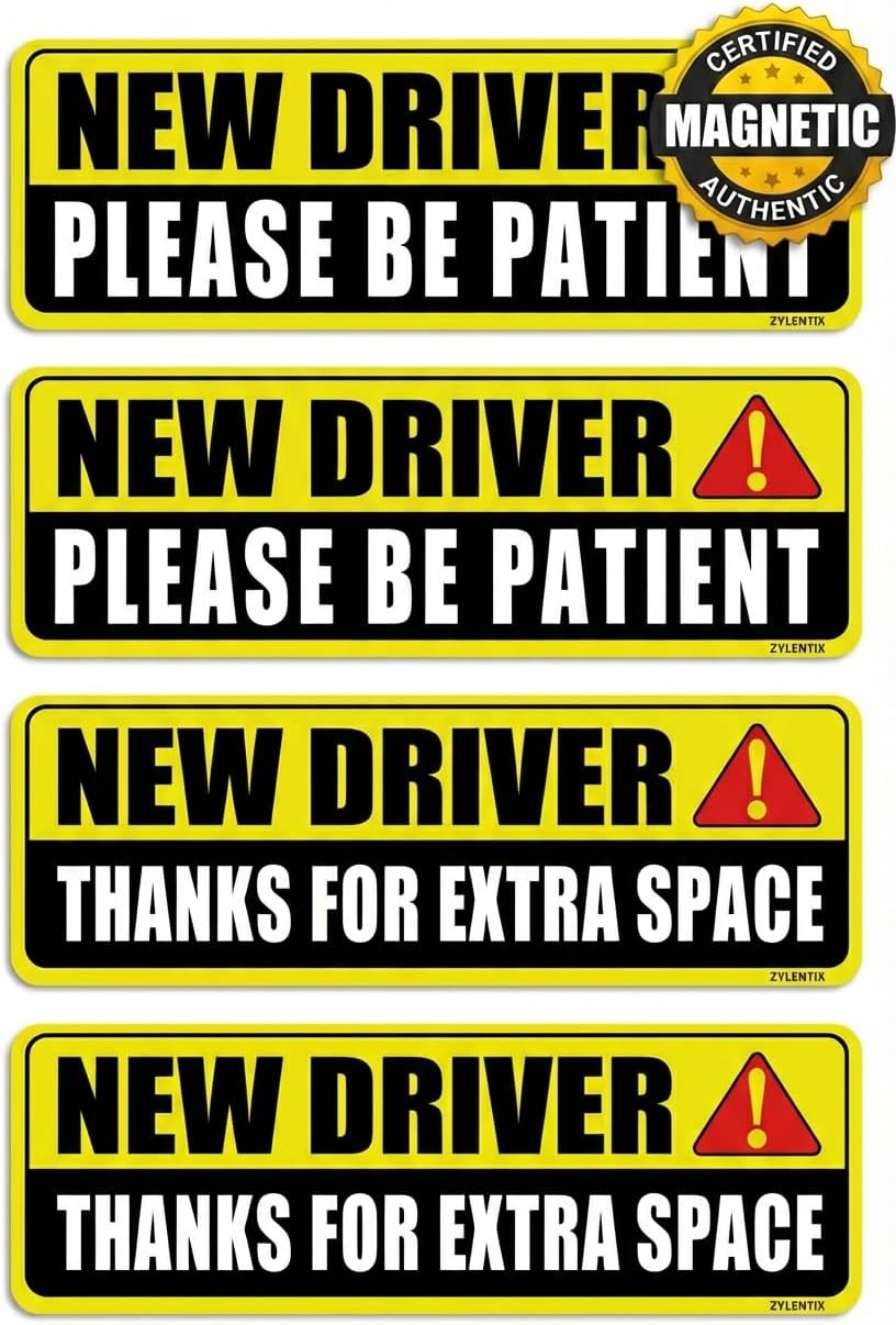 New Driver Magnet for Car 4 Pack — Please Be Patient, Student Driver Safety Warning Signs, Reflective Heavy-Duty Removable Bumper Sticker for Beginners & Teen Drivers, 10"x3.4"