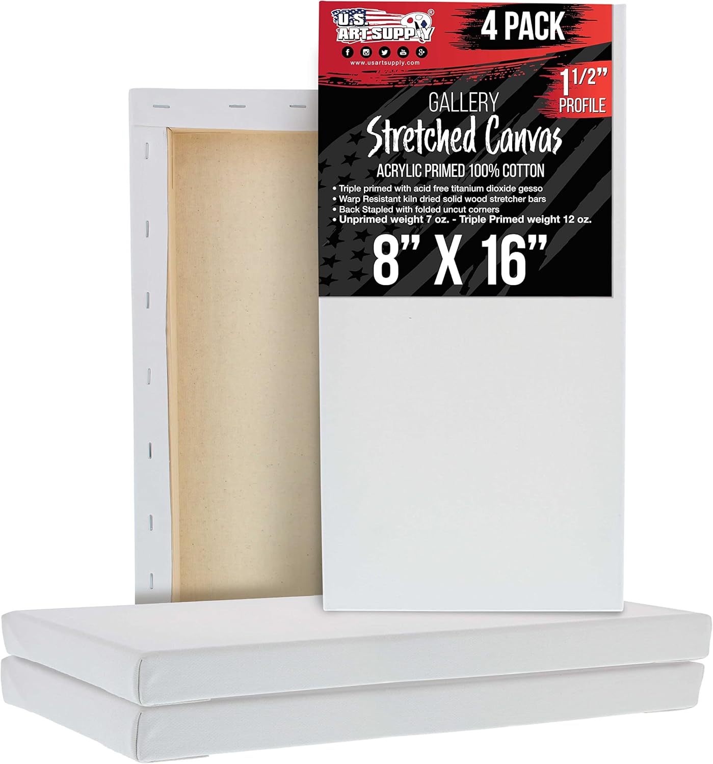 U.S. Art Supply Medium Stretched Canvas for Painting 8x16 inch Gallery Depth 1-1/2" Thick, 4-Pack - 12oz Acrylic Gesso Triple Primed, Professional Artist Quality, 100% Cotton - Oil, Pouring Paint