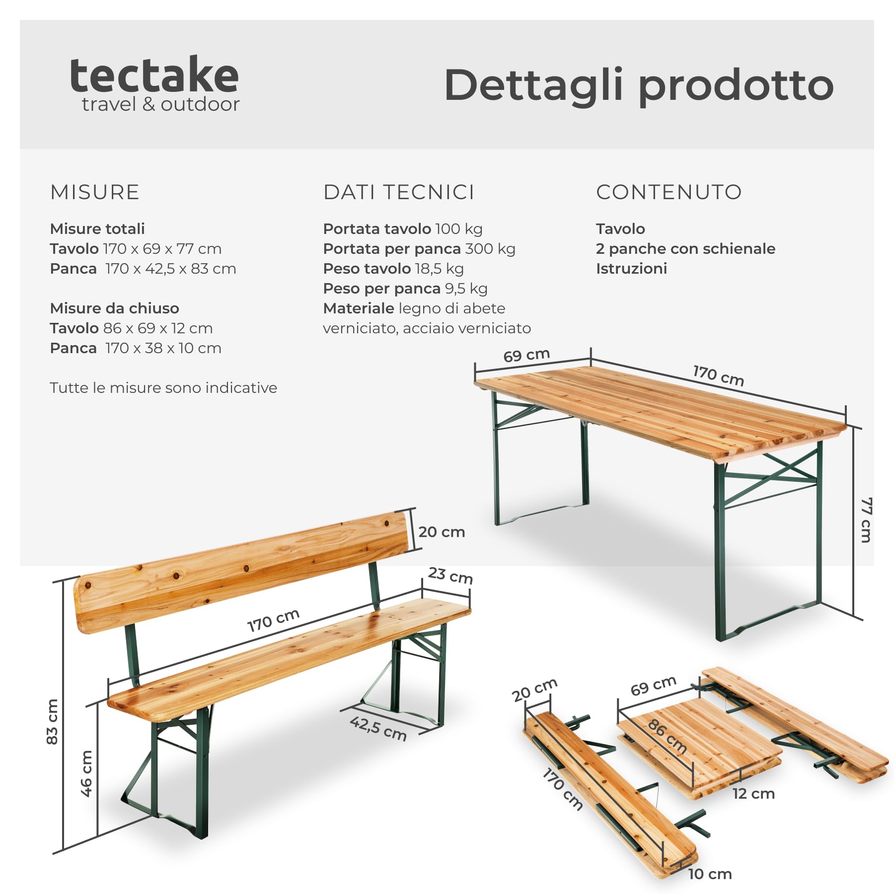 Tectake Set 3 Pezzi da Birreria, Tavolo e Panche da Esterno con Schienale, Acciaio, Tavolo 170x69x76 cm