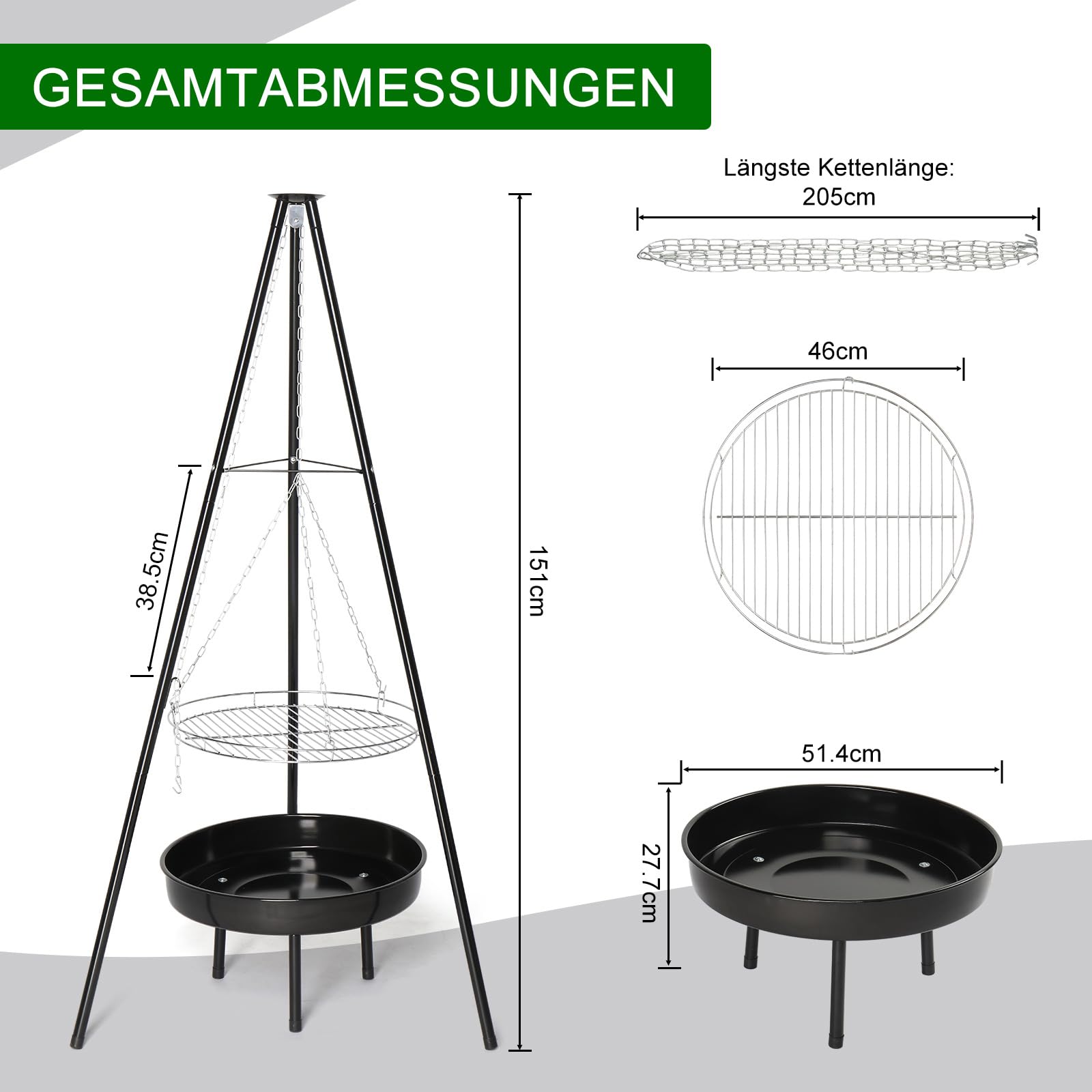 LEADZM Schwenkgrill - Dreibein für Feuerschale inkl. 48 cm Grillrost - Dreibein grill - Höhenverstellbar, große Grillfläche - Outdoor, BBQ, Camping - Schwarz