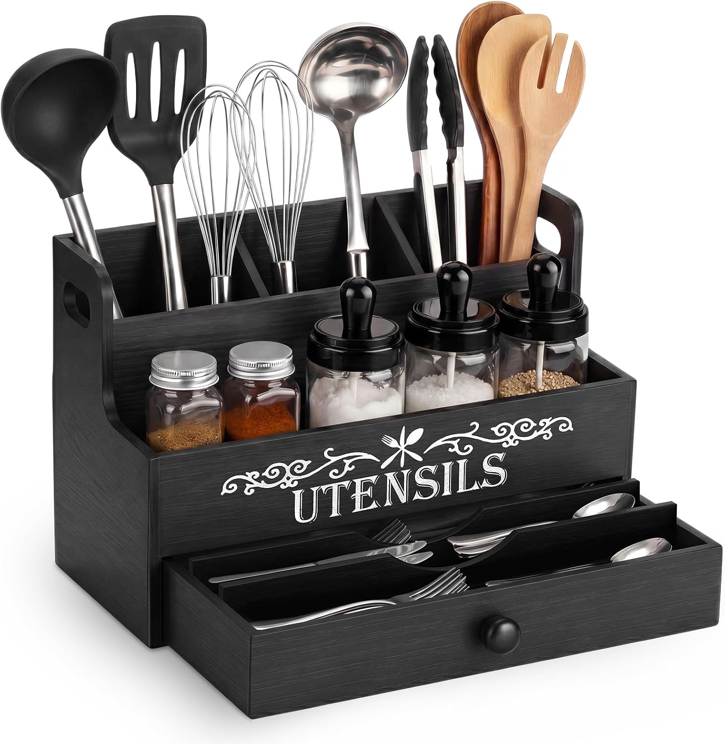 Wooden Extra Large Kitchen Utensil Holder with Drawer 15.8 x 9.5 x 6.7 in Spice Jar Storage and Flatware Organizer for Countertop Farmhouse Kitchen Organizer 7 Large Compartments(Black)