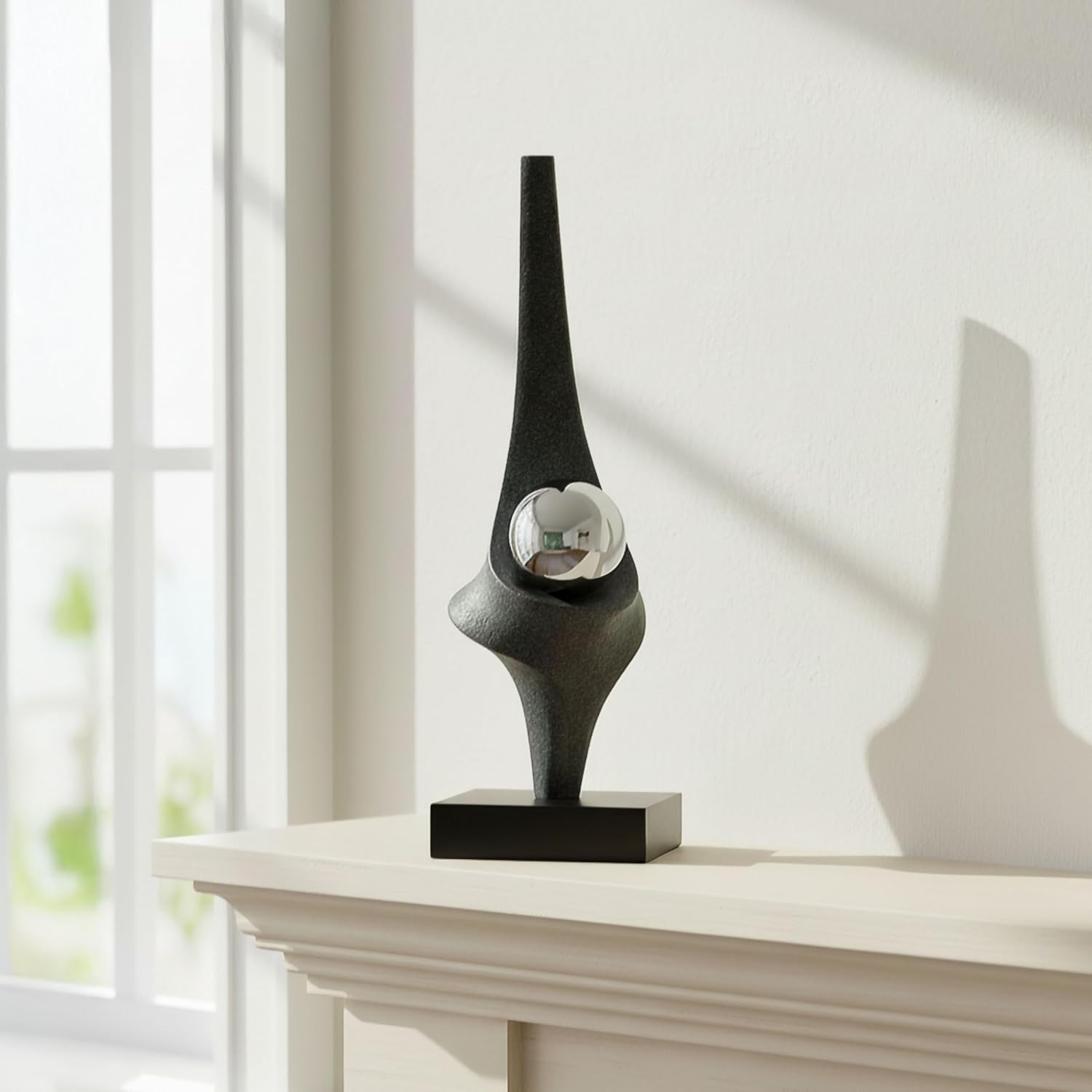 Seraing Statuary Decorative Object with with Stainless Steel Sphere– Polyresin & Metal Modern Home Decor Accent – Sculpture Shelf & Coffee Table Decor for Office & Living Room – 18", Black