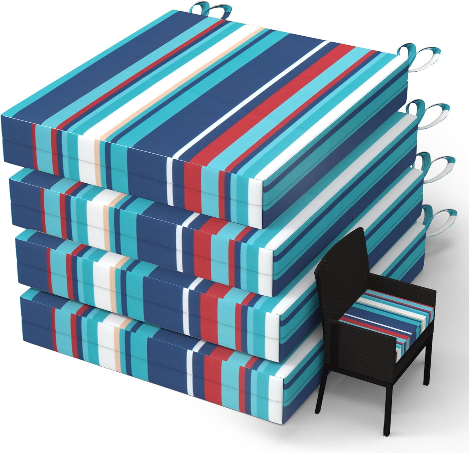 WOLKI Outdoor Cushions for Patio Furniture Set of 4, 18.5 x 16 x 3 Waterproof Seat Cushions Thick Chair Pads for Garden, Patio, Dining Pinstripe Blue