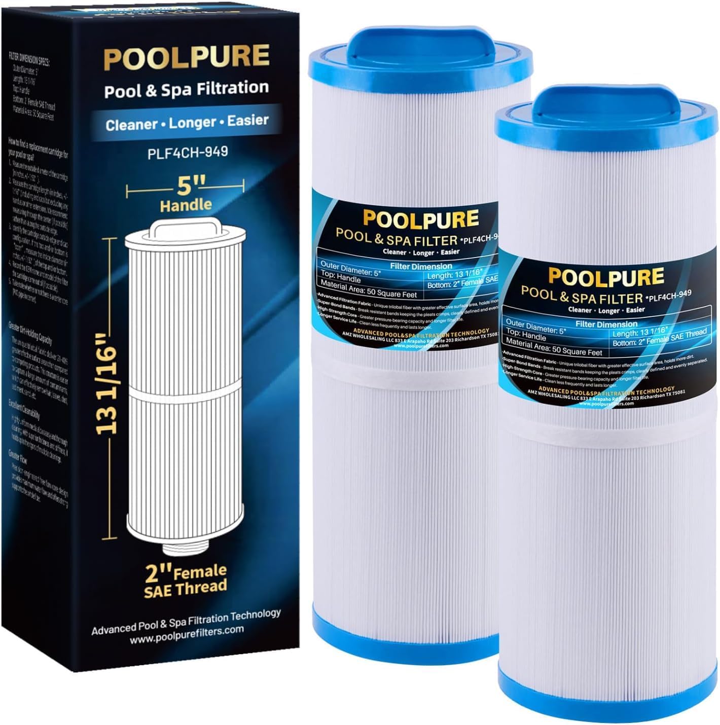 POOLPURE 4CH-949 Spa Filter Replaces Pleatco PWW50L, 200702, fil50-5d13h15fct-3, Filbur FC-0172, SD-01143, 817-4050, Waterway Teleweir 50, Rising Dragon 50, hot tubs filter cartridge 2 PACK