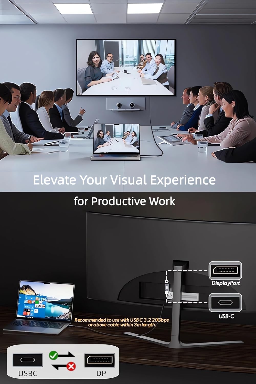 USB C to DisplayPort Adapter with USB C Video Cable, 8K@60Hz Uni-Directional USB C Female to DP Male Adapter, Thunderbolt 4/3 to DP Converter Compatible with i-/Phone 17, Galaxy, MacBok Pro- 2 Pack