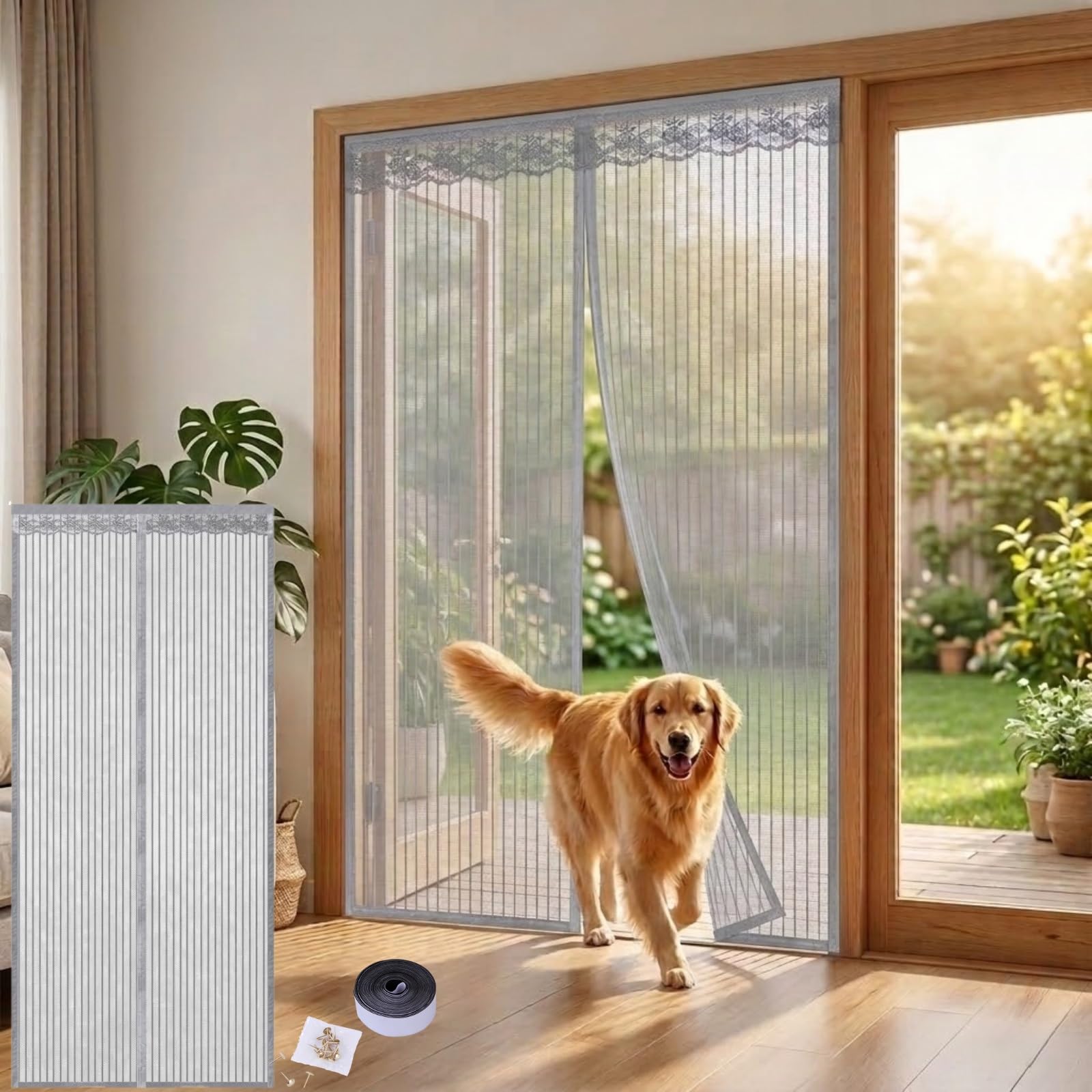 Magnetic Fly Screen Door Mesh Curtain, Heavy Duty Fiberglass Door Screen with Powerful Magnets, Hands-Free Self-Sealing Net for Patio, Balcony, 90 x 210cm, Black(Gray,51x79in(130x200cm))