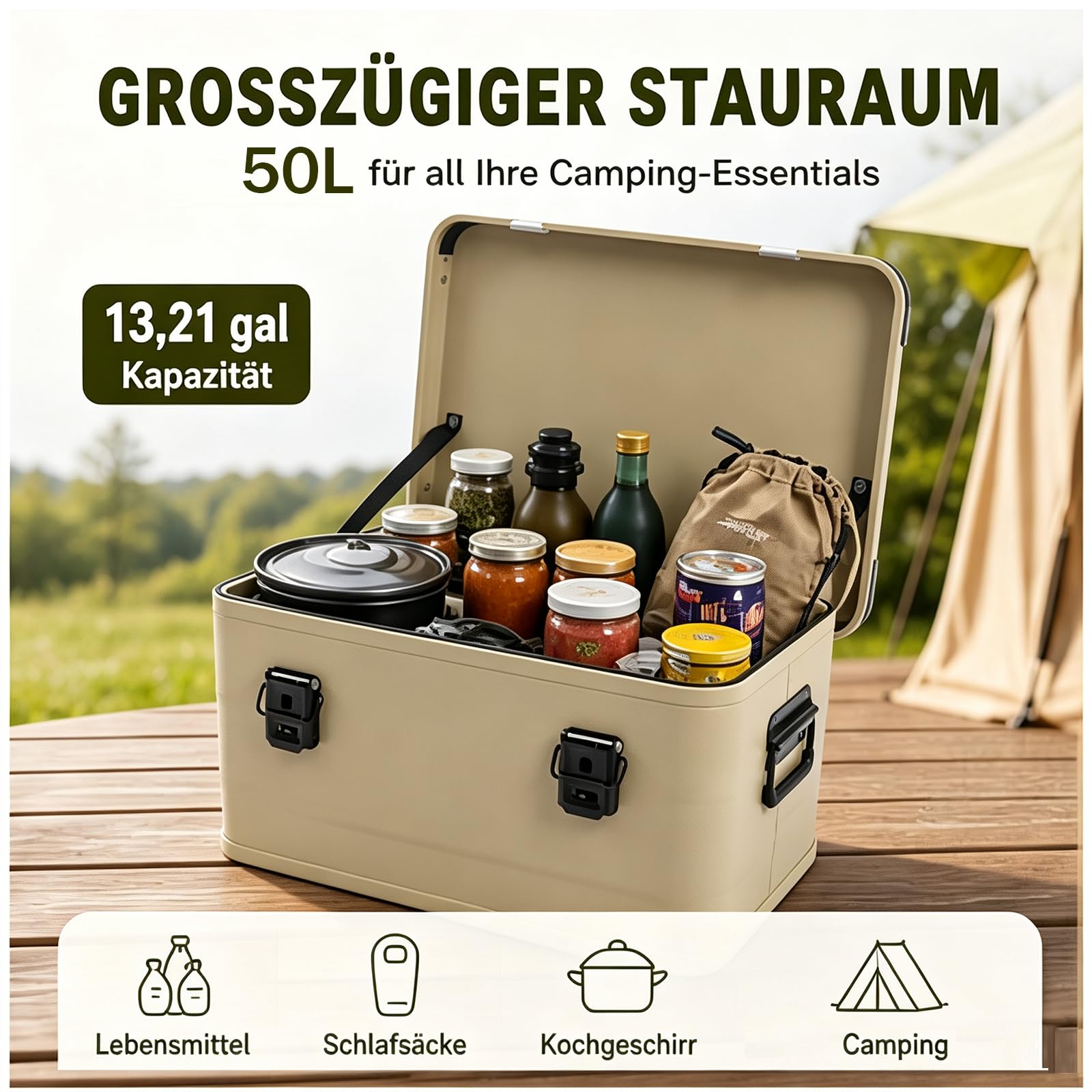 Aluminium Aufbewahrungsbox 30L/50L Wasserdicht mit Deckel, Transportbox mit Gummidichtung, Alubox, Aluminium Box mit verstärkten Ecken & Griffen für Camping Outdoor Reisen (50L Khaki)