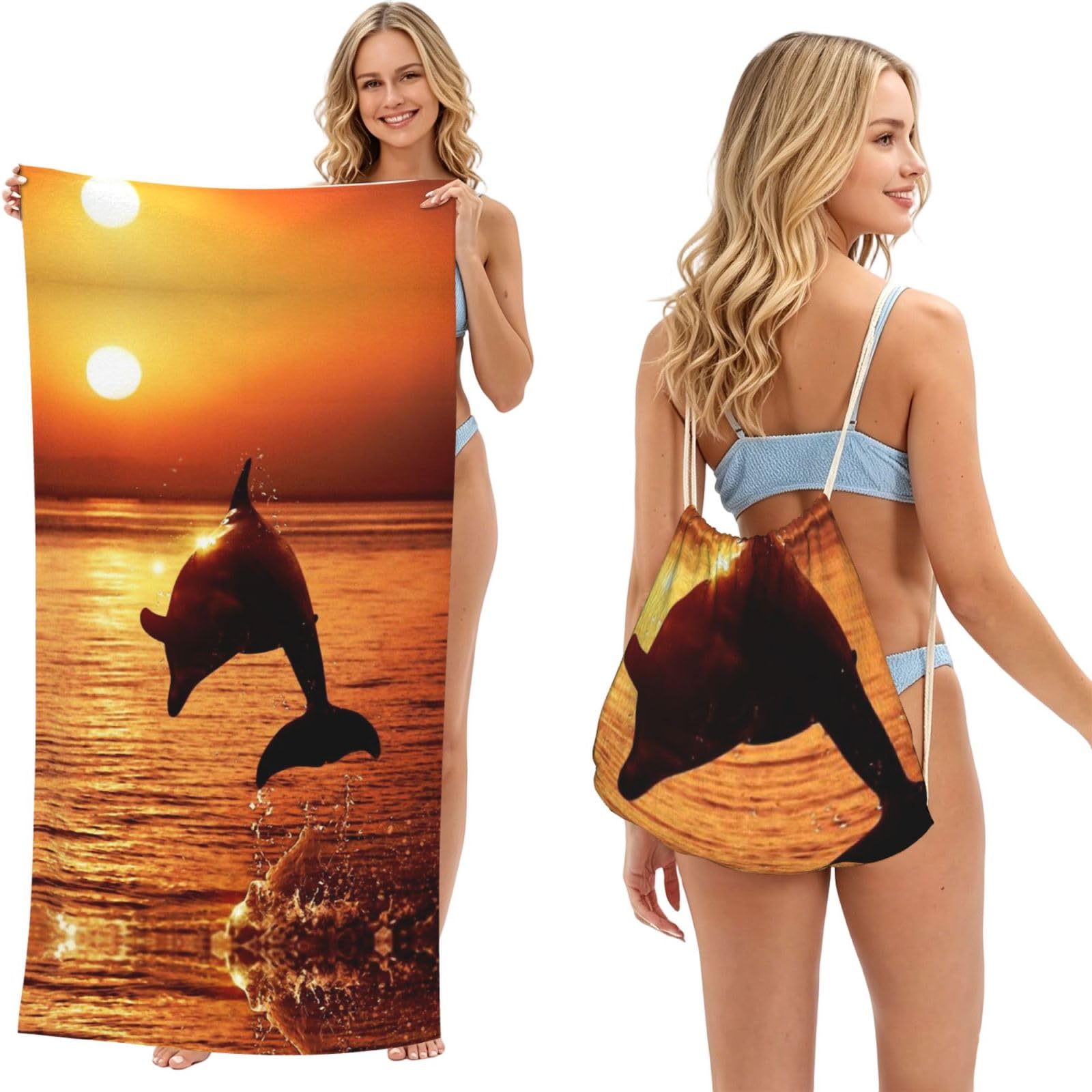 ESNAIUVCD Beautiful Sunset Print Beach Towel For Adults,Towel With Drawstring Bag, Travel Pool Swimming Sports Shower Sand Free Quick Dry Bath Towel For Pool, Beach, Yoga- 180x60cm