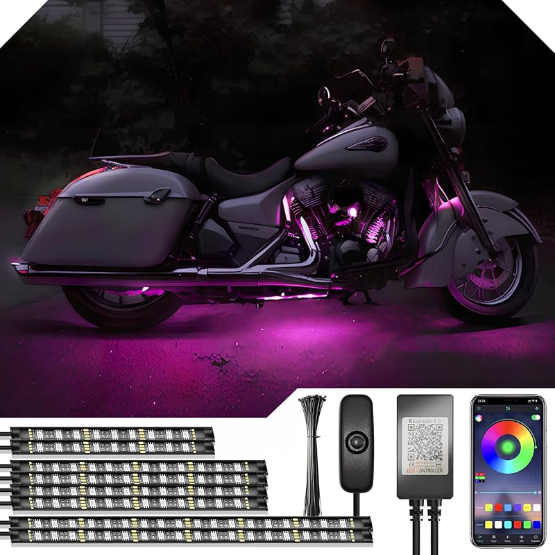 Kit de 8 tiras de luces LED para motocicleta, resistente al agua, luz de neón RGB, efecto suelo, atmósfera, tiras de luz CC 12 V con aplicación y control de interruptor de mango para motos, triciclos, carritos de golf, vehículos todo terreno, UTV