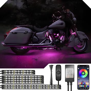 8pcs Motorcycle Underglow LED Strip Light Kit Waterproof RGB Neon Accent Light Ground Effect Atmosphere Light Strips DC 12V with APP & Handle Switch Control for Motorbike Trikes Golf Carts ATVs UTVs