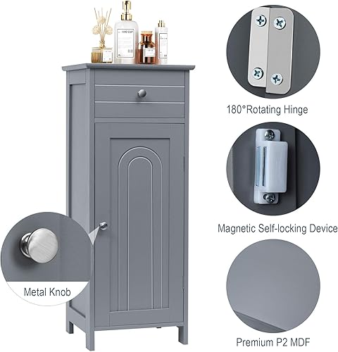 Miniatura 9 de Tangkula Armario de suelo de baño, armario de almacenamiento lateral de madera, armario de baño independiente de una sola puerta con cajón grande y