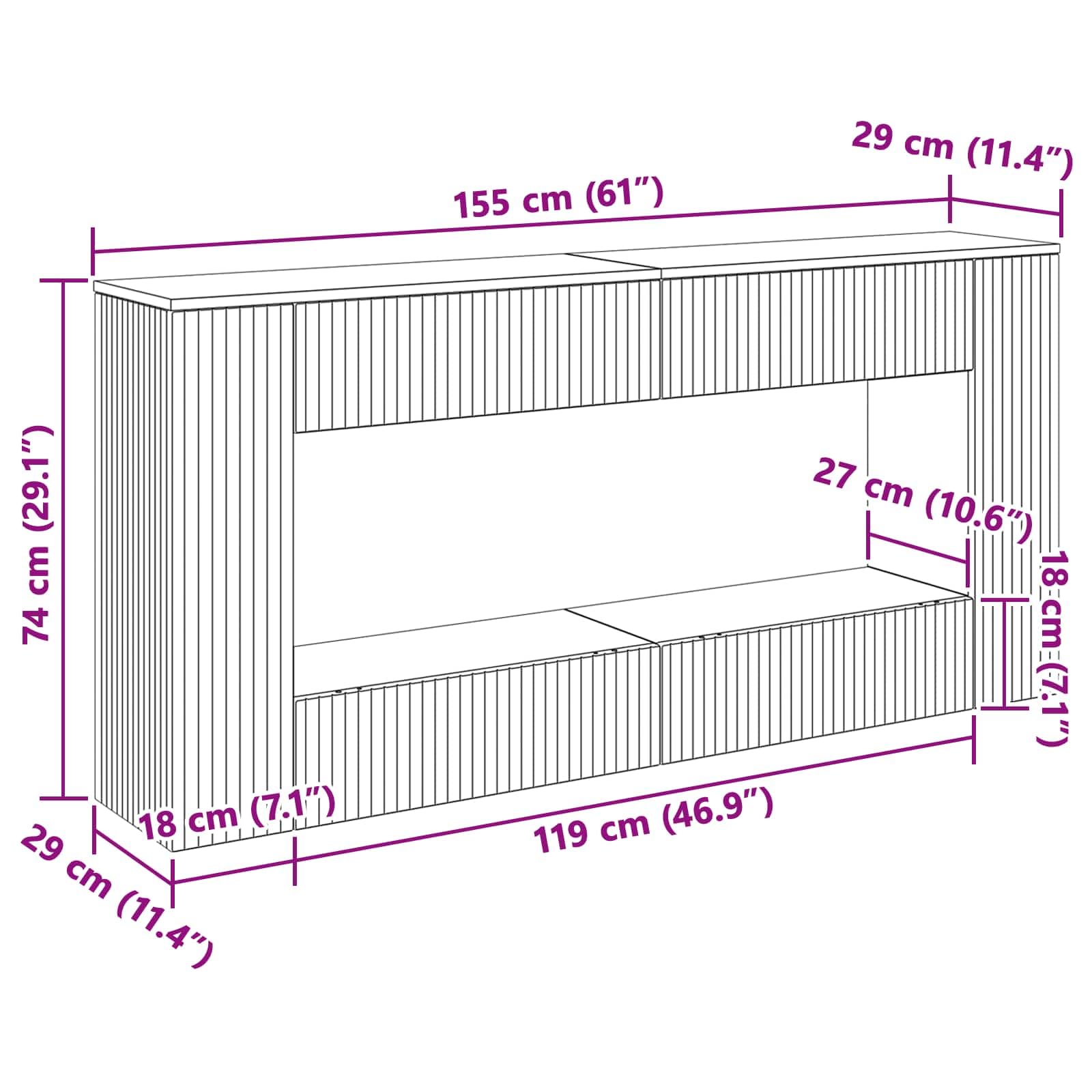 Tavolo consolle a righe, nero, 155 x 29 x 74 cm, in legno, moderno, con cassetti e ripiani, per corridoio, soggiorno, ufficio
