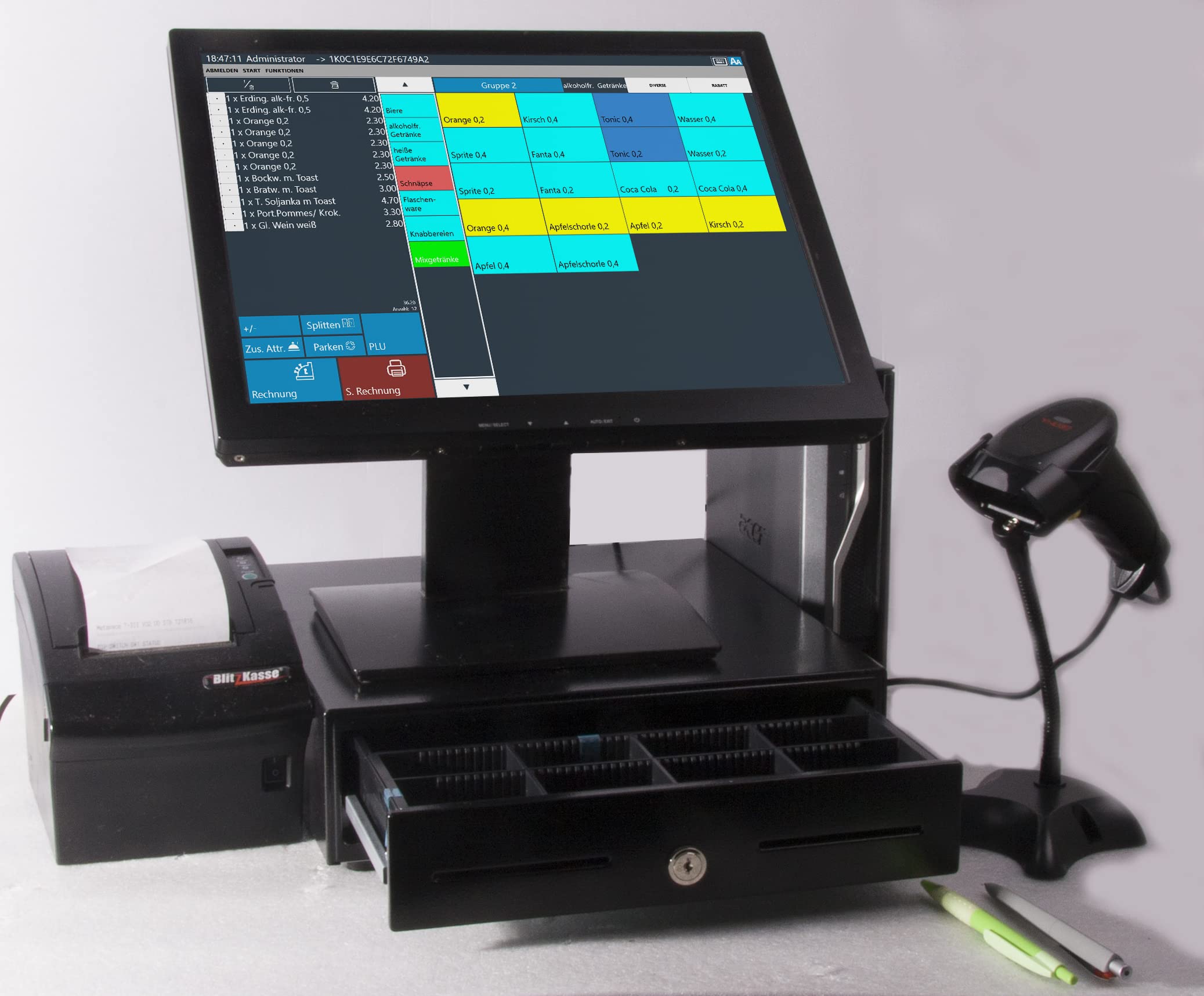 15" Kassensystem für Einzelhandel mit BlitzKasse Handel Software – Touchscreen Kasse für Kiosk, Supermarkt & Lotto-Totto – mit Scanner & Kassenlade – ohne ABO – TSE-konform (TSE-Modul erforderlich)