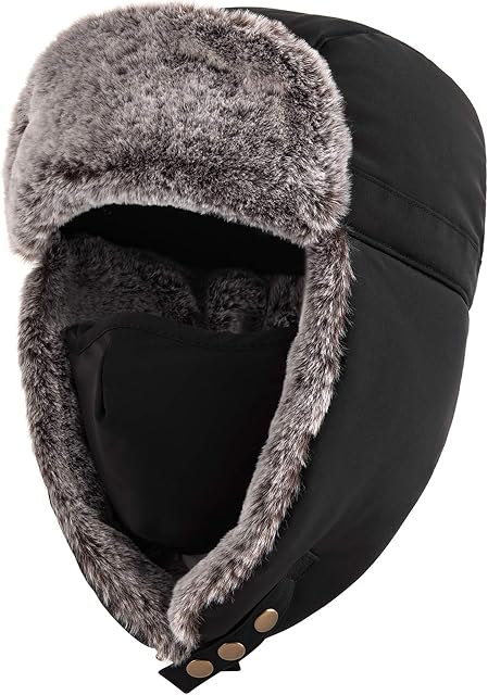 Unigear Winter Bomber Hats, Faux Fur Warme Hats Windproof Trooper Trapper Hat Aviator Caps with Ear Flap and Windproof Mask for Skating, Skiing, Hunting or Daily Use Black