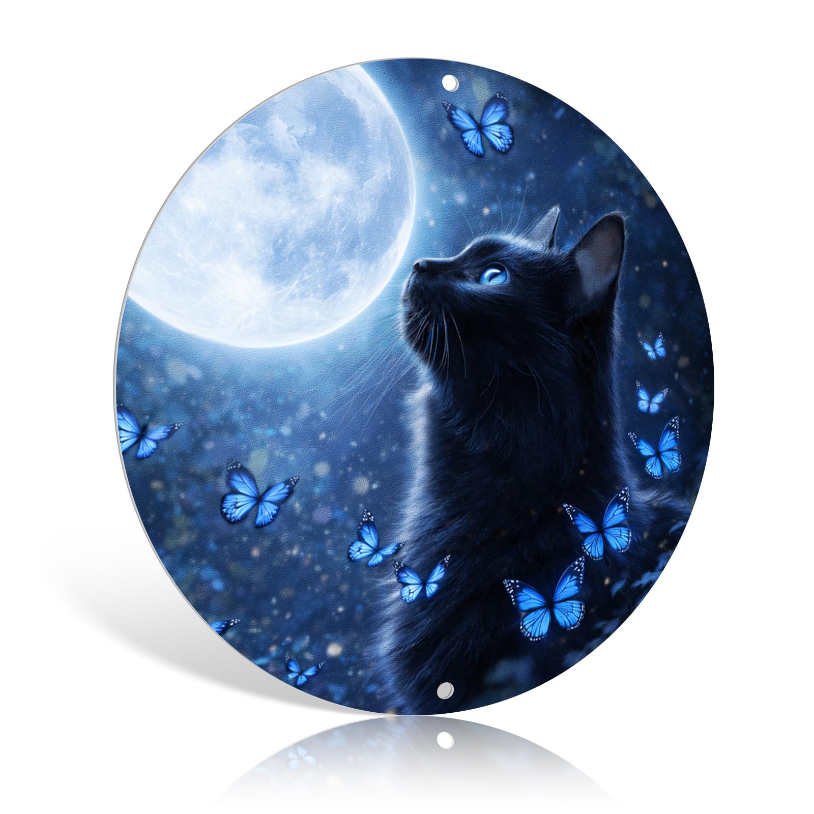Artinhand Black Cat Fantasy Night Round Metal Tin Sign 8X8 Inch Wall Hanging Plaques Poster Art For Bedroom Living Room Bathroom Man Cave Decor