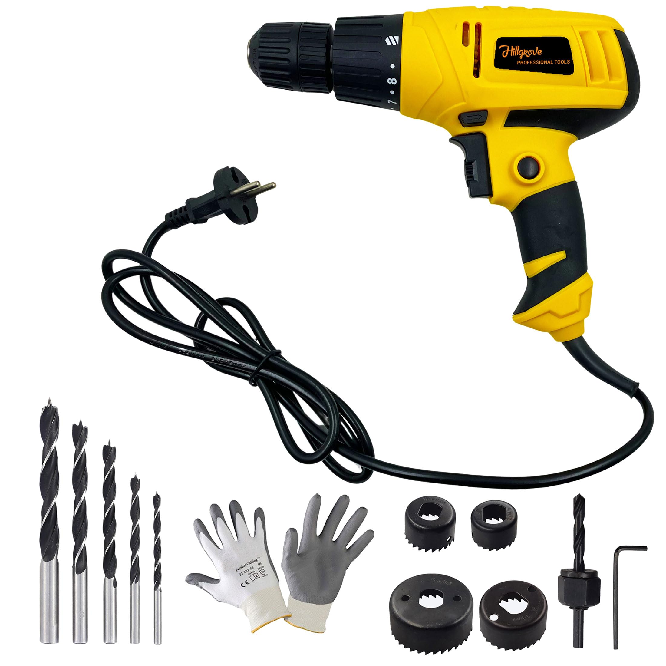 Hillgrove HM1179M3 350W Electric Screwdriver Power Drill Machine with 5Pcs Wood Bits and 6Pcs Hole Saw Bits for Making Holes in Metal/Wood/Concrete with Reverse Rotation and Variable Speed Pistol Grip