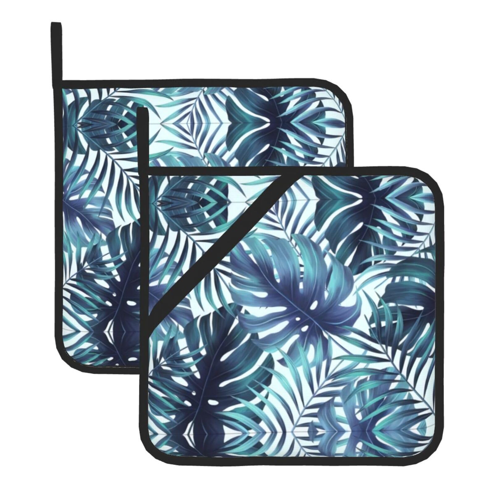 YYHHAOFA Tropical Palm Leaves Prints Square Hot Pads for Kitchen Counter - Waterproof Pot Covers with Hanging Loop - Thick Heat Resistant Trivets for Microwave & Oven (2-Pack)
