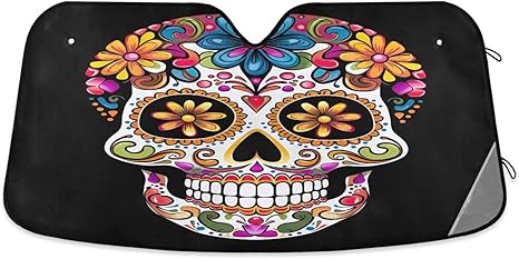 Mexican Sugar Skull Car Sunshade for Windshield Automotive Sun Visor Protector Foldable for SUV Truck Front Window, 55 x 27.6inch