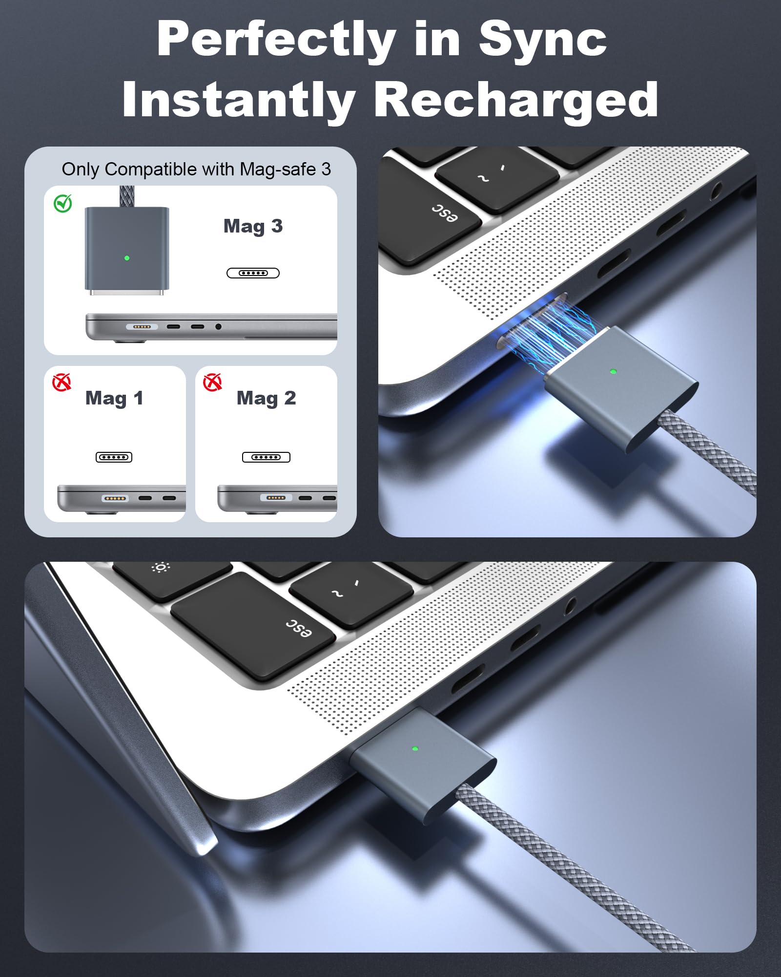 FOXSEA Cavo da USB-C a magnetico 3 da 140 W, compatibile con MagSafe 3 per MacBook Pro 14" 16" e Air 13" 15" M4 M3 M2 2021-2025 Cavo di ricarica rapida bianco