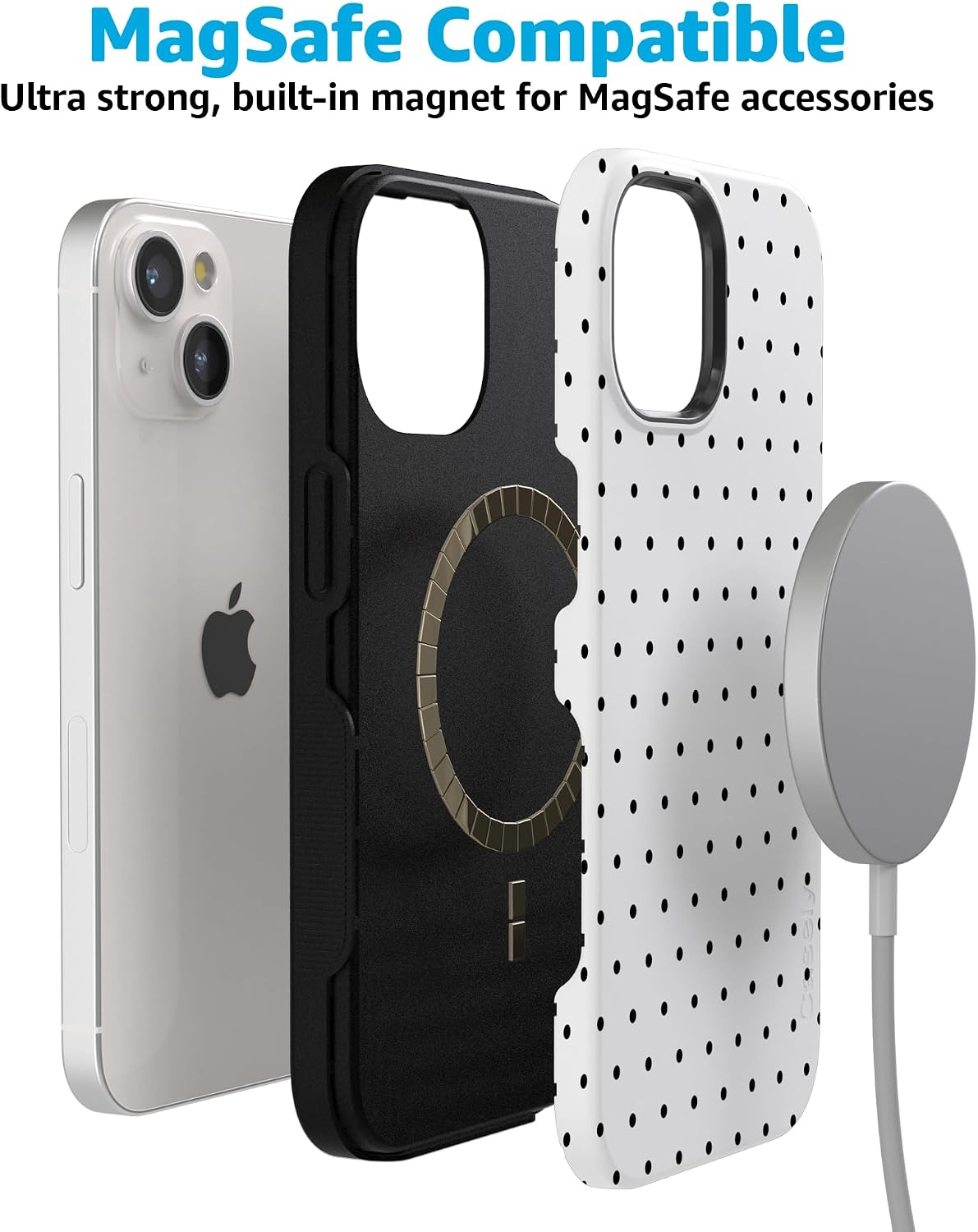 Casely iPhone 15 Case | On the Dot | White Polka Dot | Bold Protective Design | Compatible with MagSafe