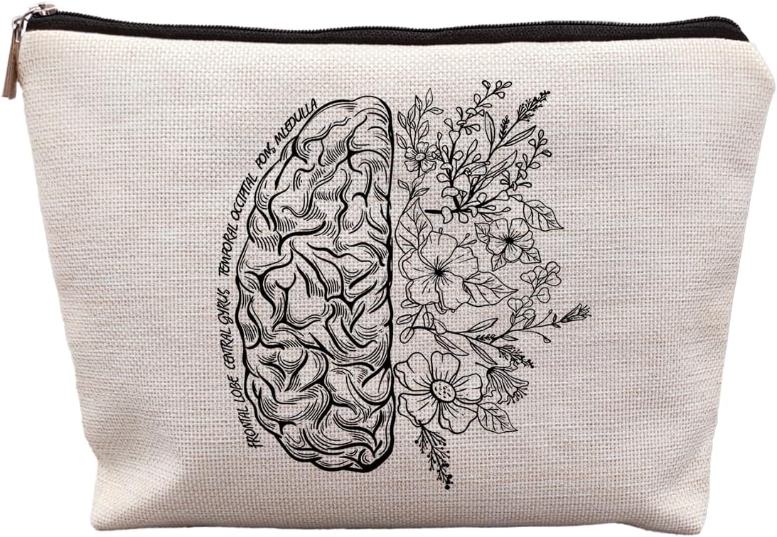 Mental Health Gifts, Floral Brain Makeup Bags for Women, Mental Health Therapist Gifts, Mental Health Cosmetic Bags for Women