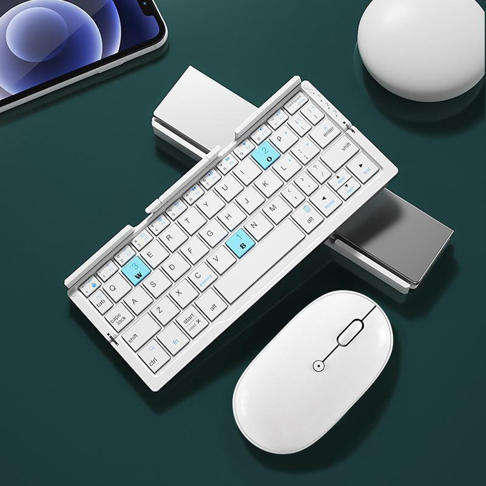 Ausla Tastiera Pieghevole Portatile, in Lega di Alluminio e ABS, Wireless Bluetooth, Ideale per Smartphone, Tablet e laptop. (Bianco argento)