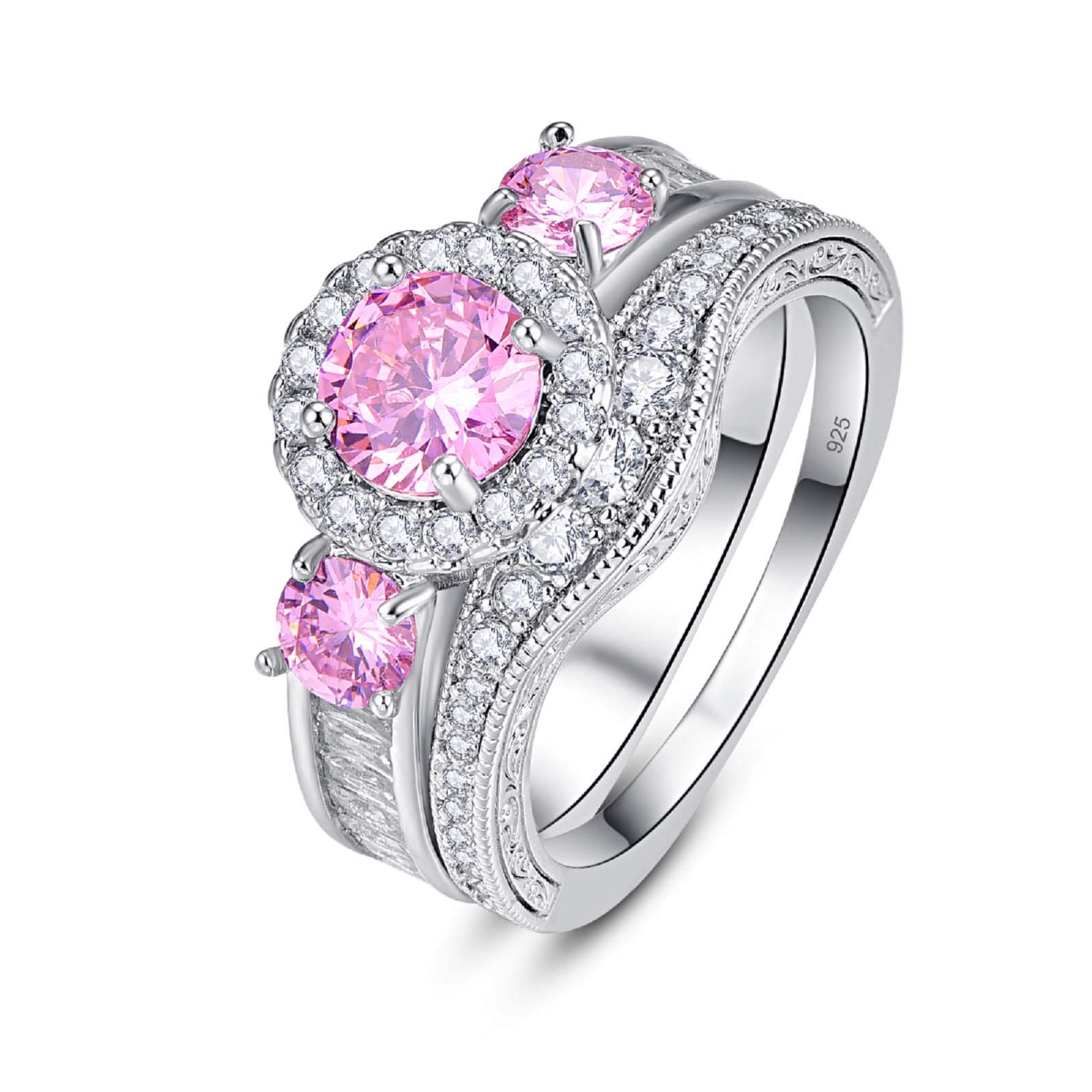 Emsione 925 Silver Plated Created Pink Topaz Round Cut Halo CZ Pave Cocktail Party Eternity Promise Ring Engagement Wedding Bands for Women Size 6