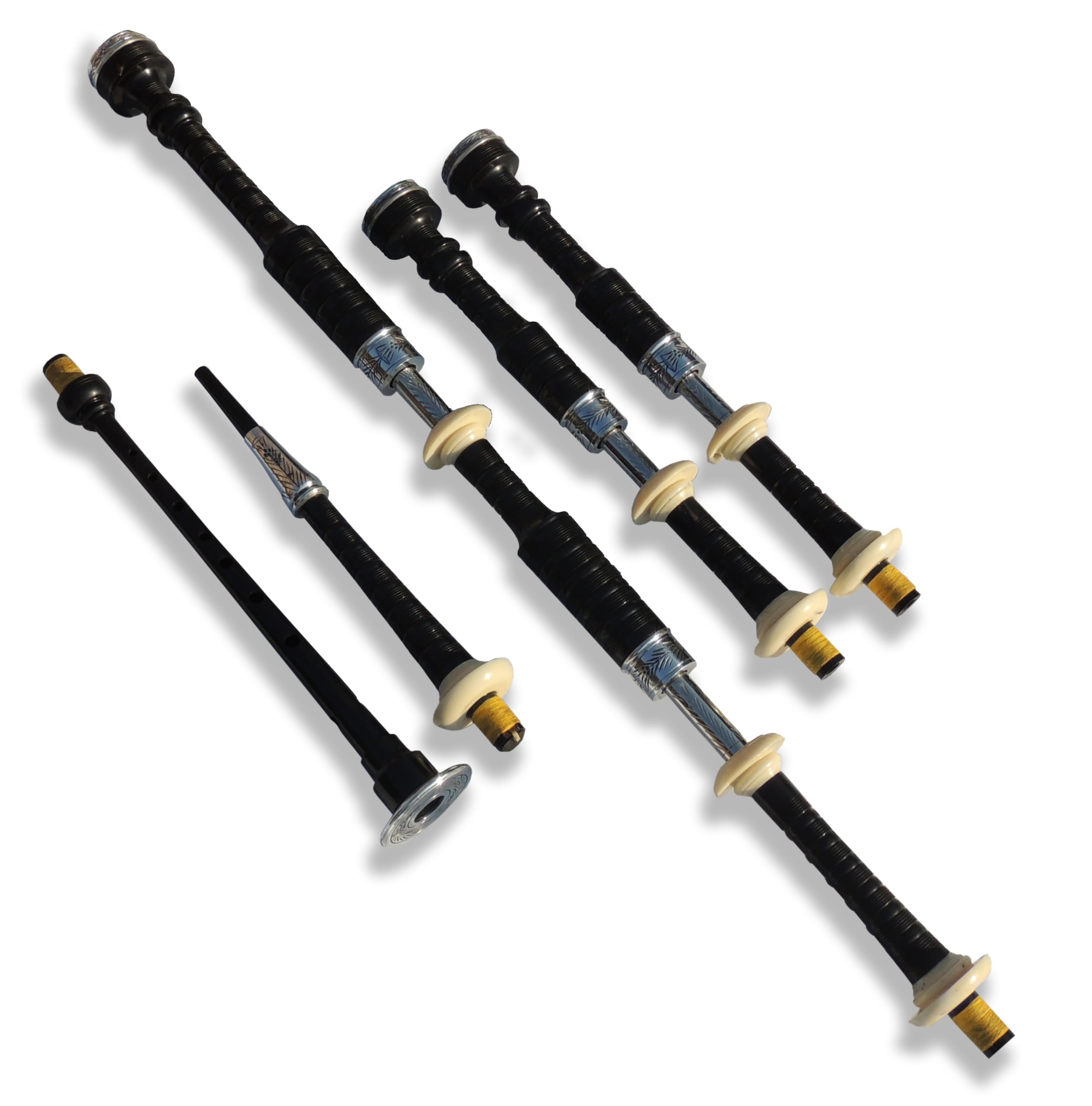 Cornamusa con ghiere in nichel incise, scivoli e supporti in finto avorio, cornamusa scozzese per studenti, kit completo di base con guida per principianti (Royal Stewart Tartan)