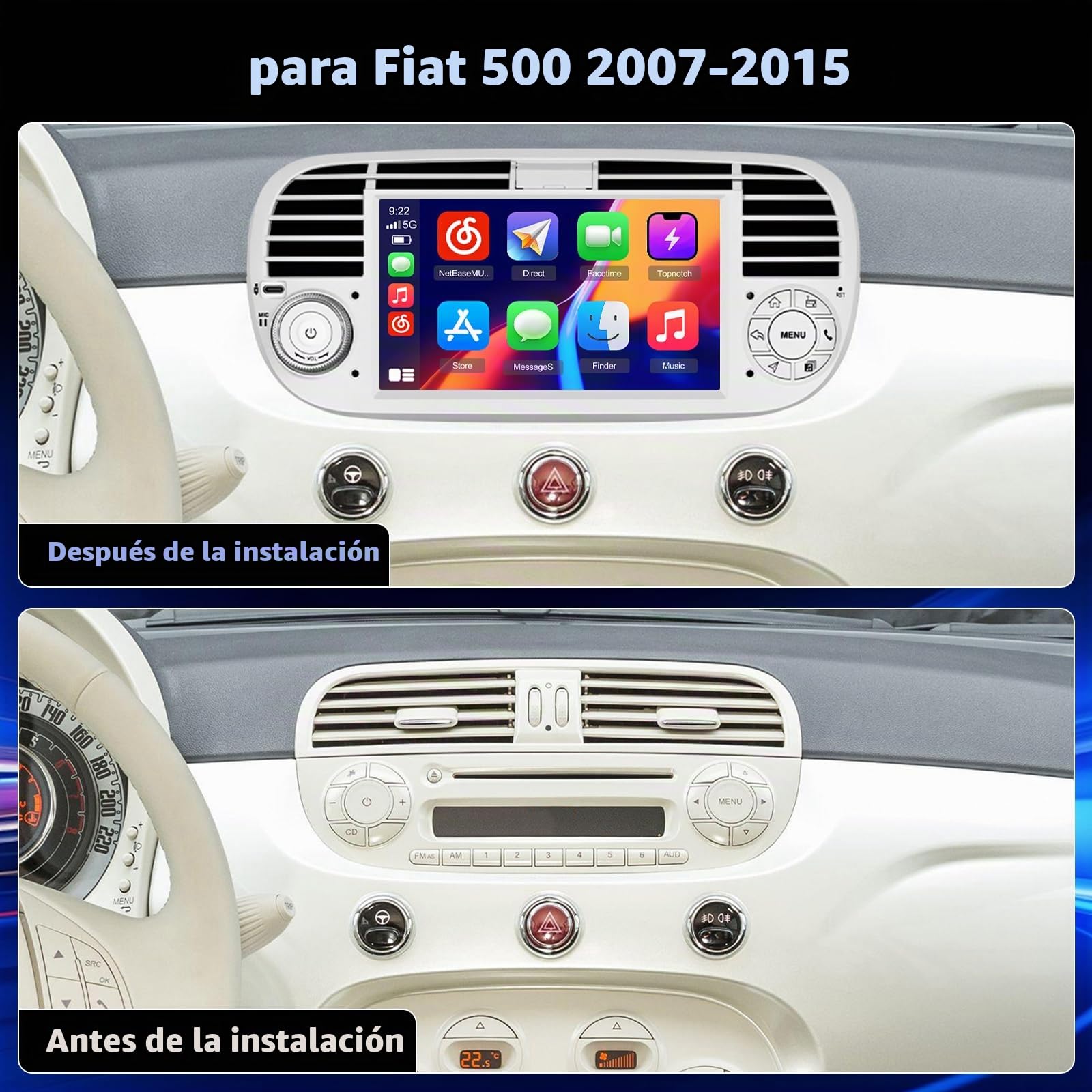 4+128G Android Radio Coche para Fiat 500 2007-2015 Inalámbrico Carplay, Pantalla Táctil IPS 7 Pulgadas Android Auto/Bluetooth 5.0/GPS/FM/RDS/Cámara Trasera Canbus