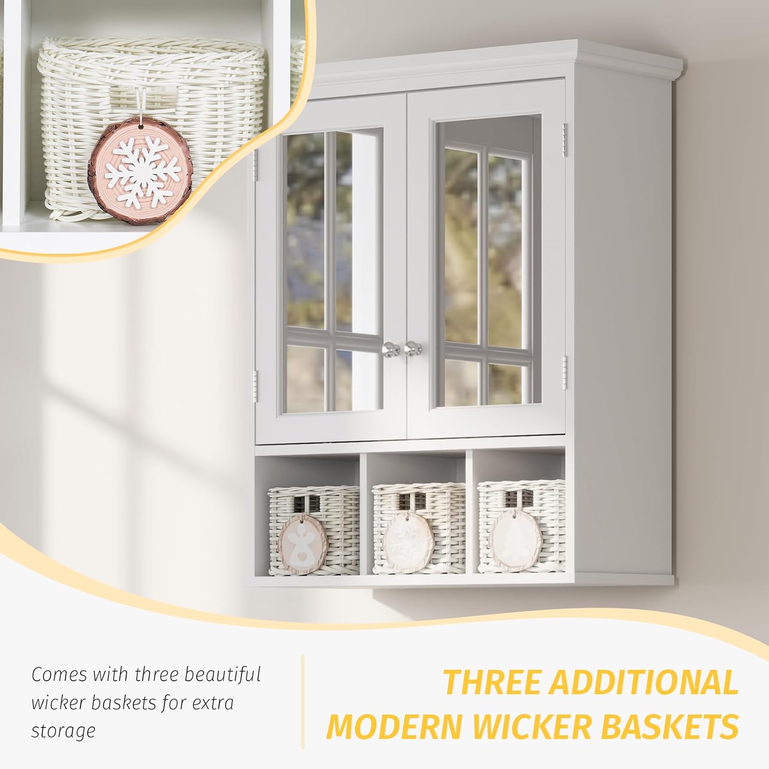 Bathroom Wall Cabinet with Mirrors,Wall-Mounted Storage Organizer Over Toilet with 3 Storage Baskets and 2 Adjustable Shelves, Bathroom Mirror Medicine Cabinet, Kitchen,White