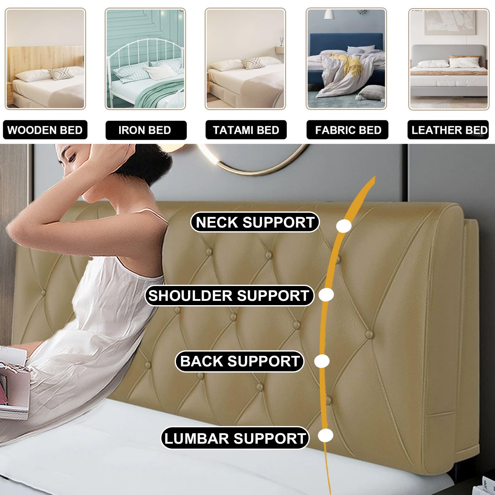 Caqui,Straps 47"/Full,Cabecero Tapizado para Cama Cojín De Cabecera Almohada De Pared Completa Cojín Lumbar Respaldo para Cama De Día Respaldo De Cuña para Cintura