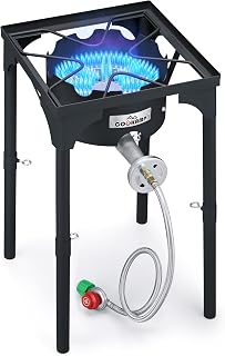 COOKAMP High Pressure Propane Burner Banjo Single Wok Burner 200,000BTU with Adjustable Height. 0-20 PSI Adjustable Regulator and Steel Braided Hose SA1550 (200,000BTU)