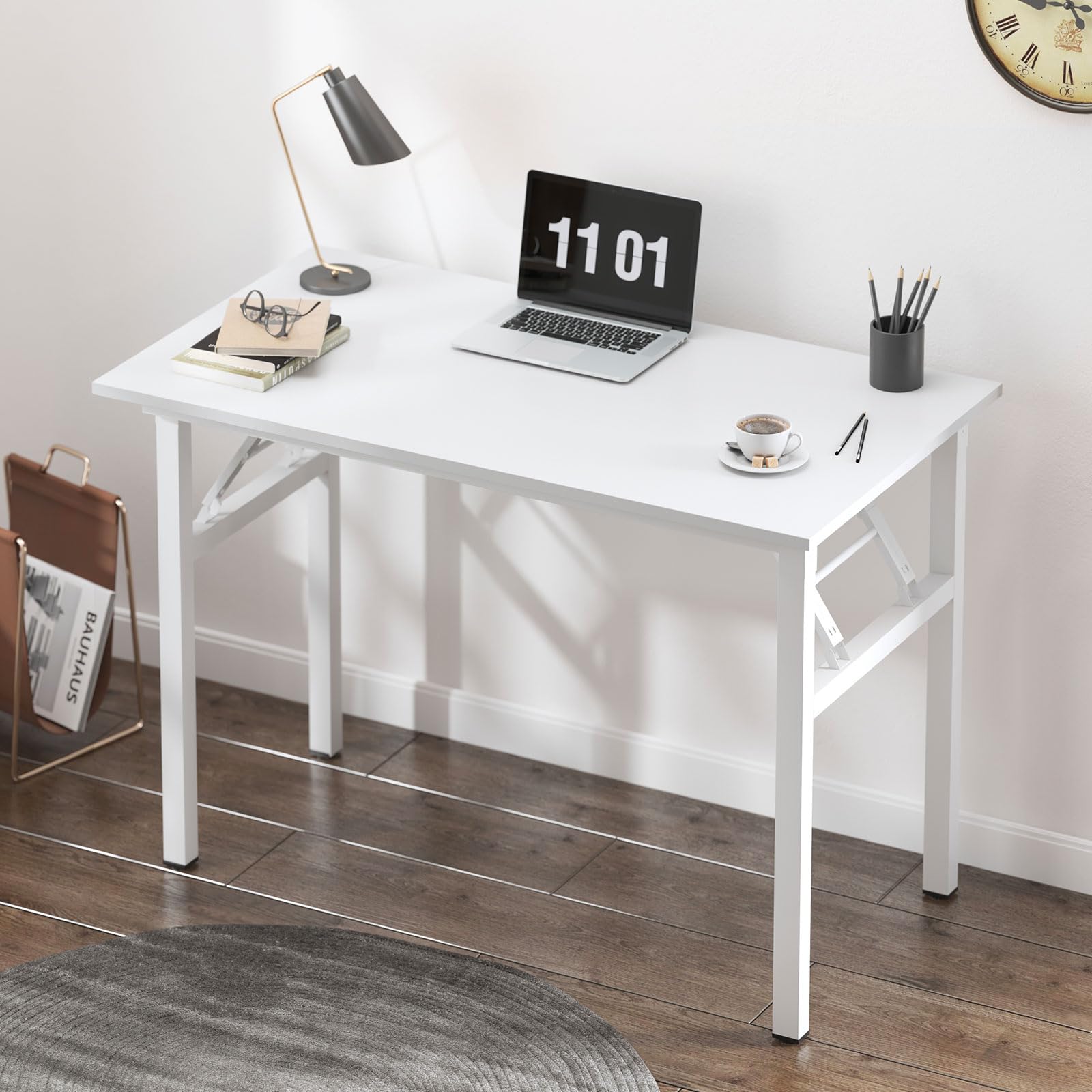 sogesfurniture Tavolo pieghevole, Scrivania da studio per ufficio, Tavolo da pranzo per workstation, Nessuna installazione necessaria, 80x40x75cm, Bianco BHEU-LP-AC5WW-8040