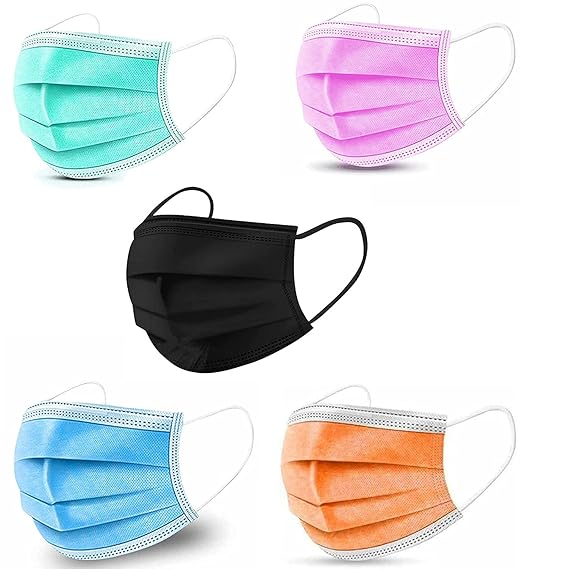 Ramila Insta Care Mens and Womens Disposable Surgical Nonwoven Fabric Mask 3 Layer with Nose Pin Clip- Use and Throw Mask Without Valve - Multicolor (Pack of 100 Pieces).