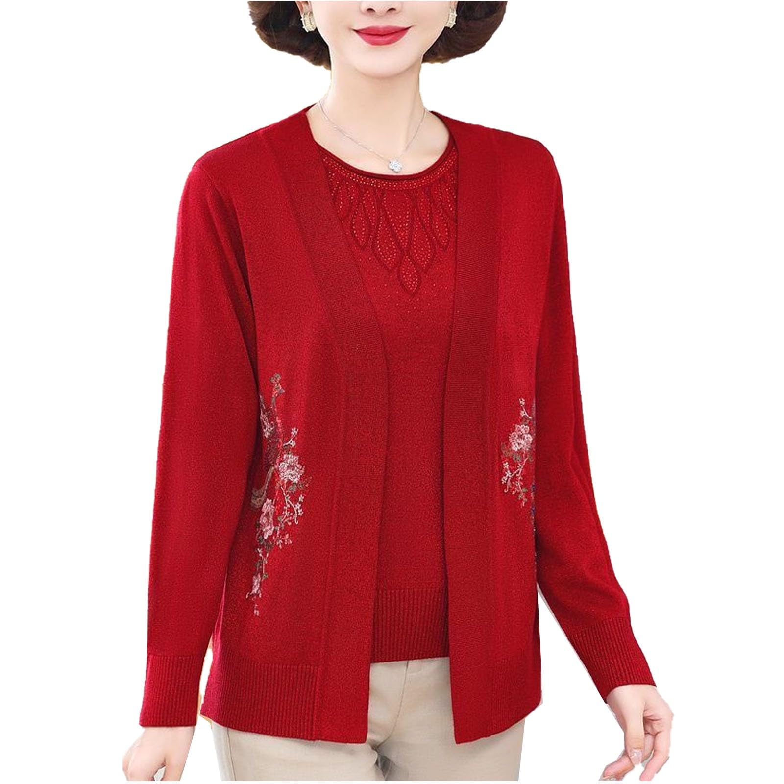 2-Pack Seniors Womens Knit Cardigan Shirts Knitted Sweater Set Open Front Embroidery Coat Middle-Aged Elderly Womens Tops