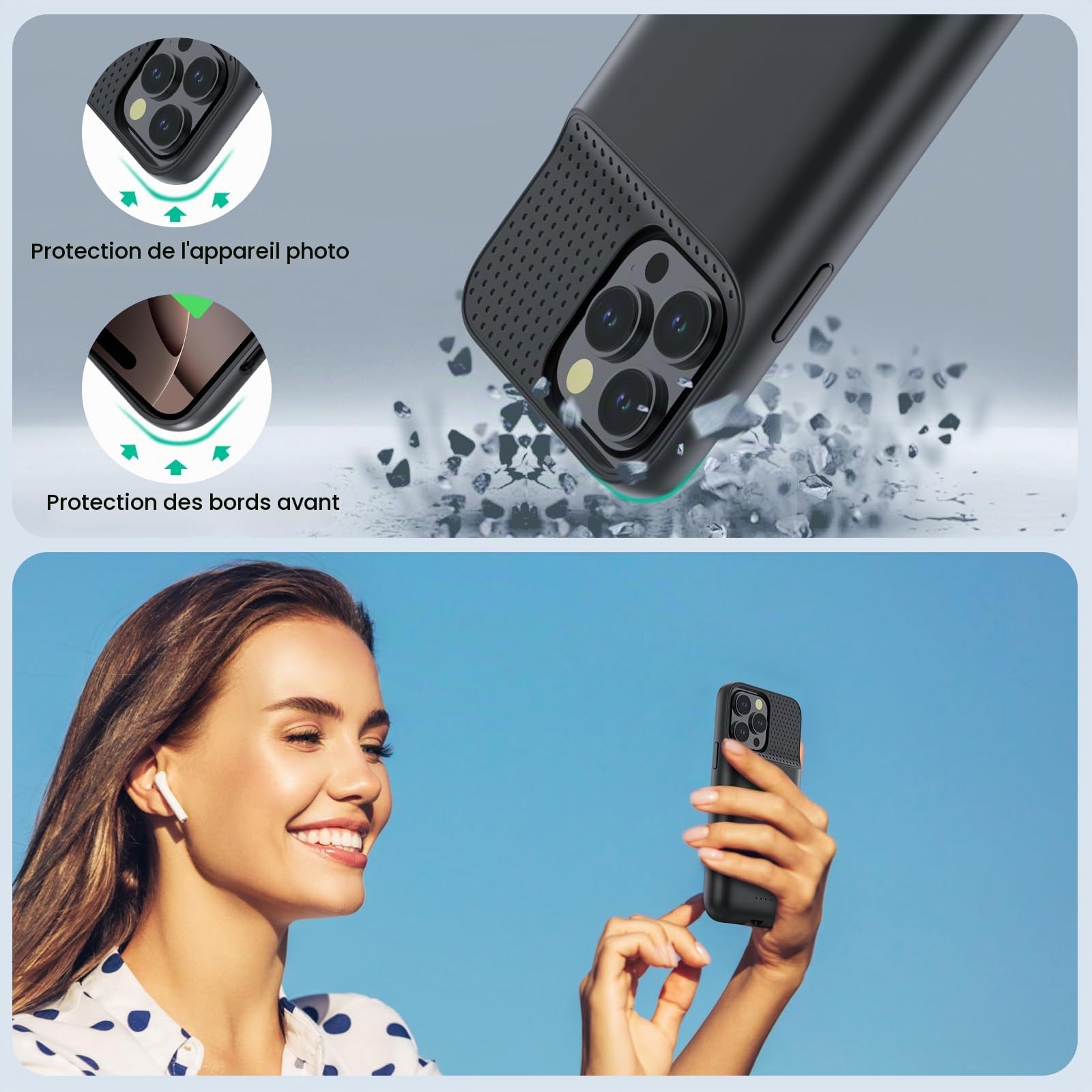 Feob Coque Batterie pour iPhone 16 Pro Max, Puissant 8600mAh 15W Coque Rechargeable Batterie Externe avec écran de Protection en Verre Trempé Chargeur Portable pour iPhone 16 Pro Max(6,9") (A-Noir)