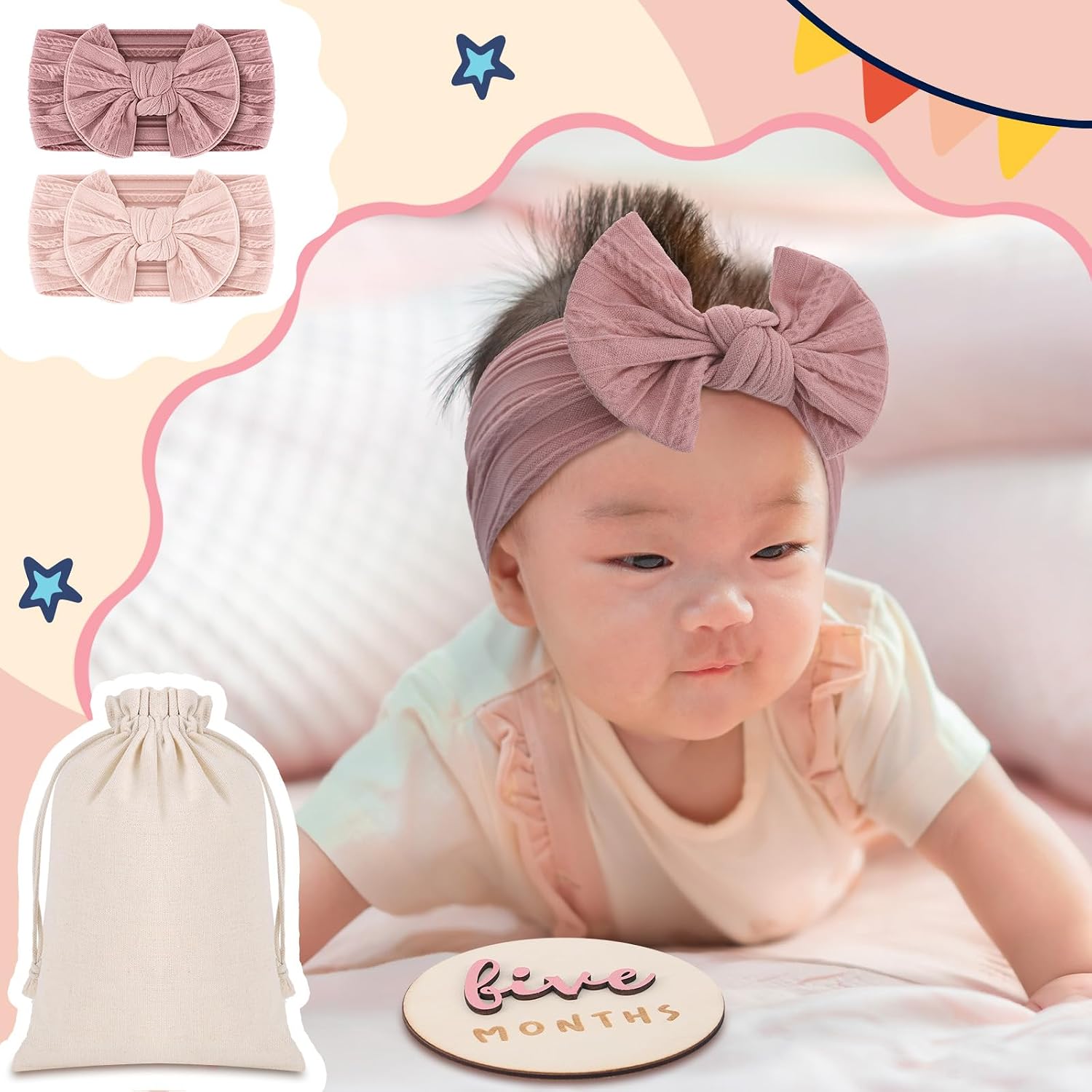 Booson 6 Pack 3D Pink Monthly Baby Milestone Announcement Sign with 2 Pack Bow Headbands Double Sided Newborn Signs Wooden Discs for Welcome Newborn Shower Boy Girl Photo Props